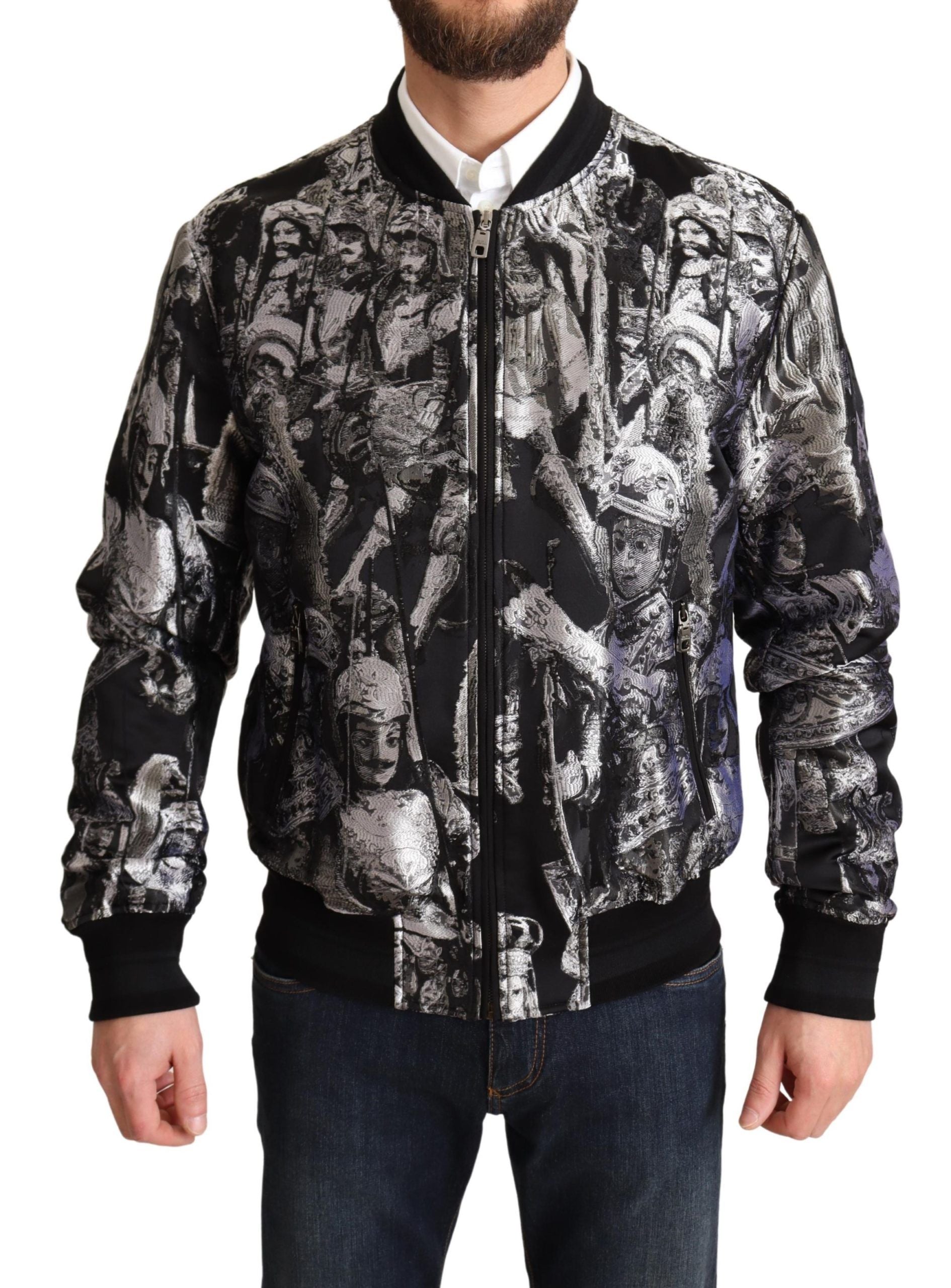 Dolce & Gabbana Elegant Black Bomber Jacket with Silver Men's Details