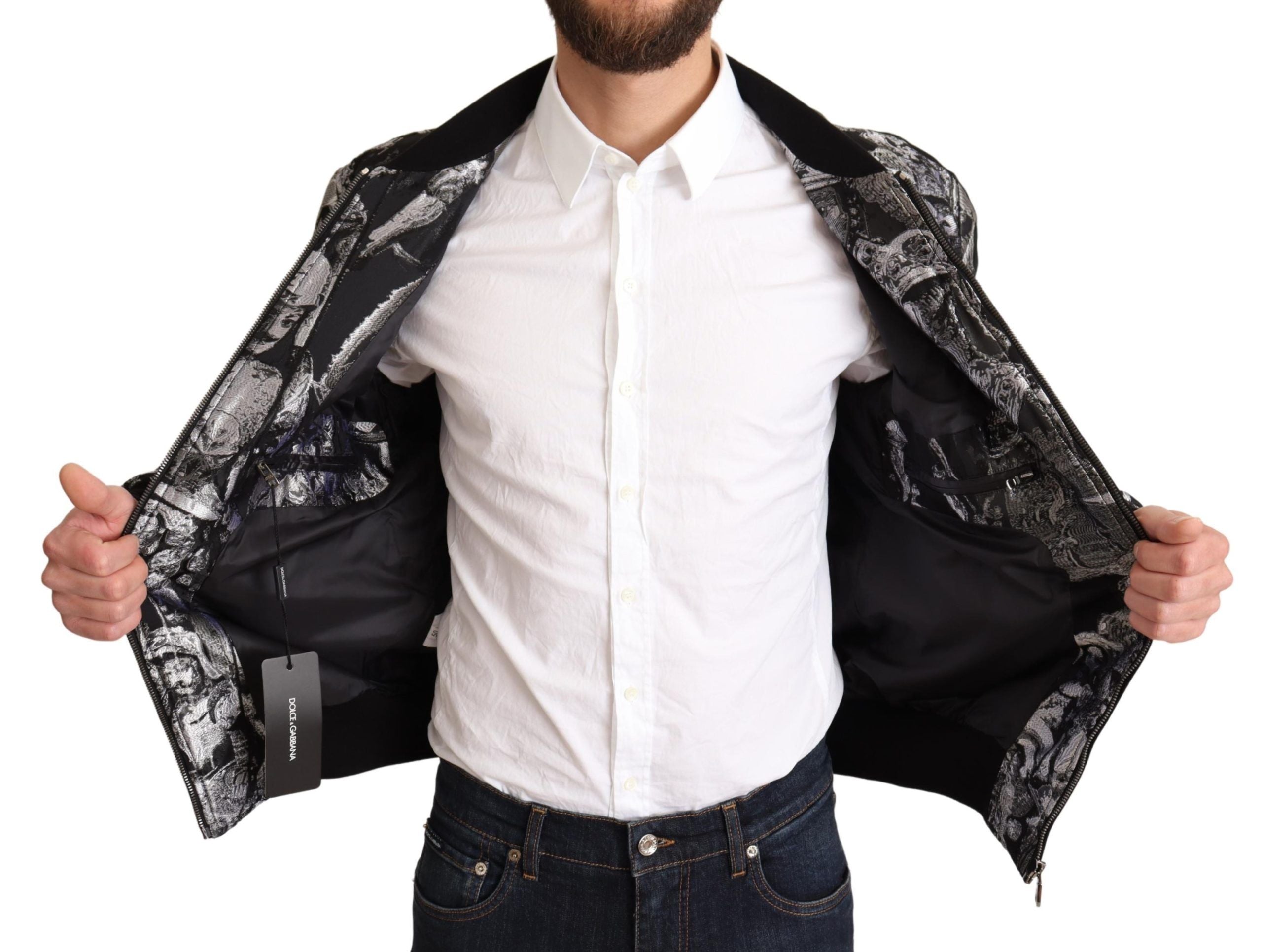 Dolce & Gabbana Elegant Black Bomber Jacket with Silver Men's Details