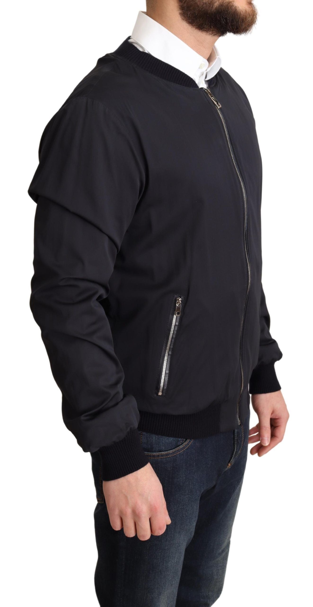 Dolce & Gabbana Blue Silk Coat Short Bomber Men Men's Jacket