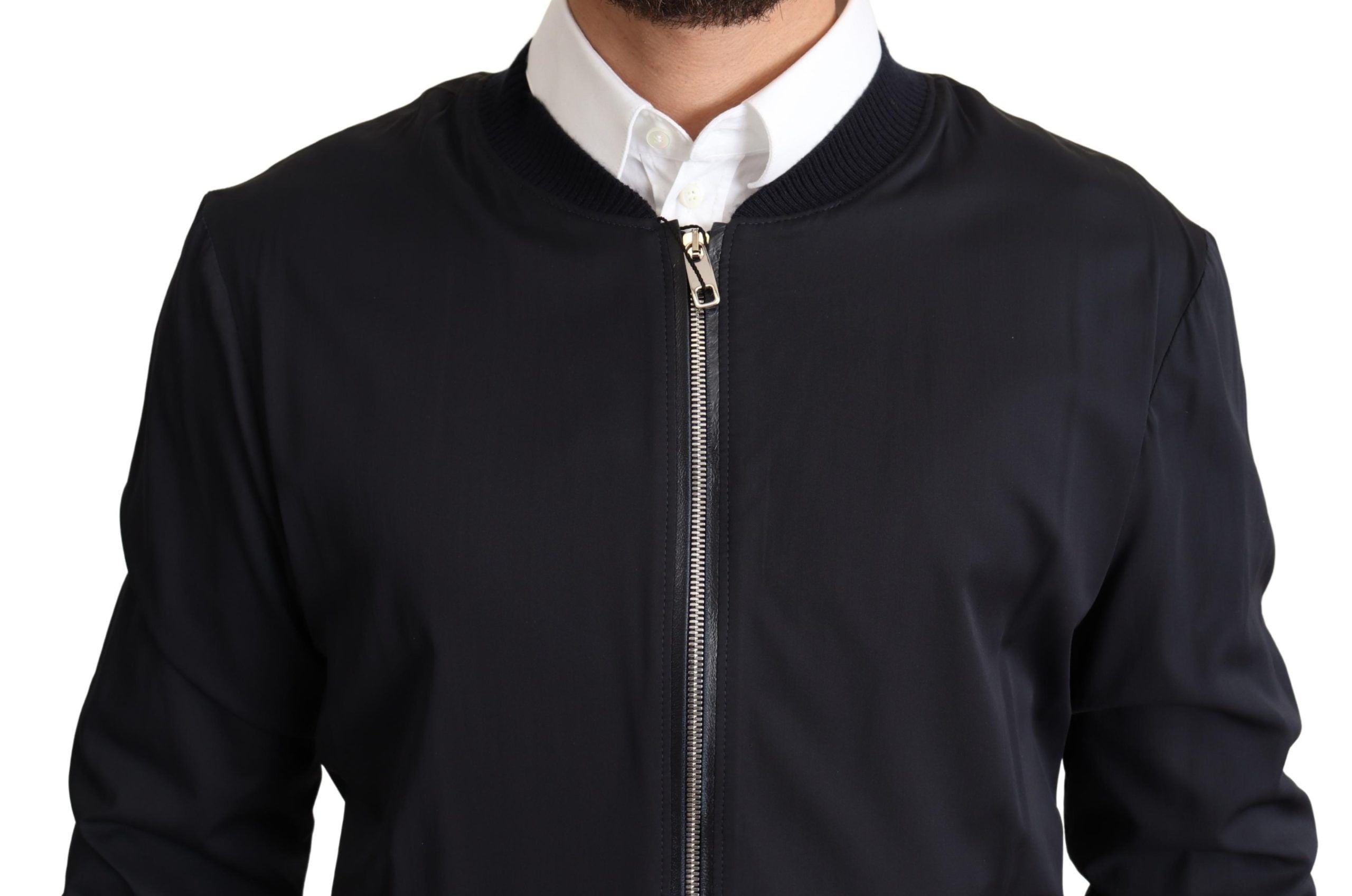 Dolce & Gabbana Blue Silk Coat Short Bomber Men Men's Jacket