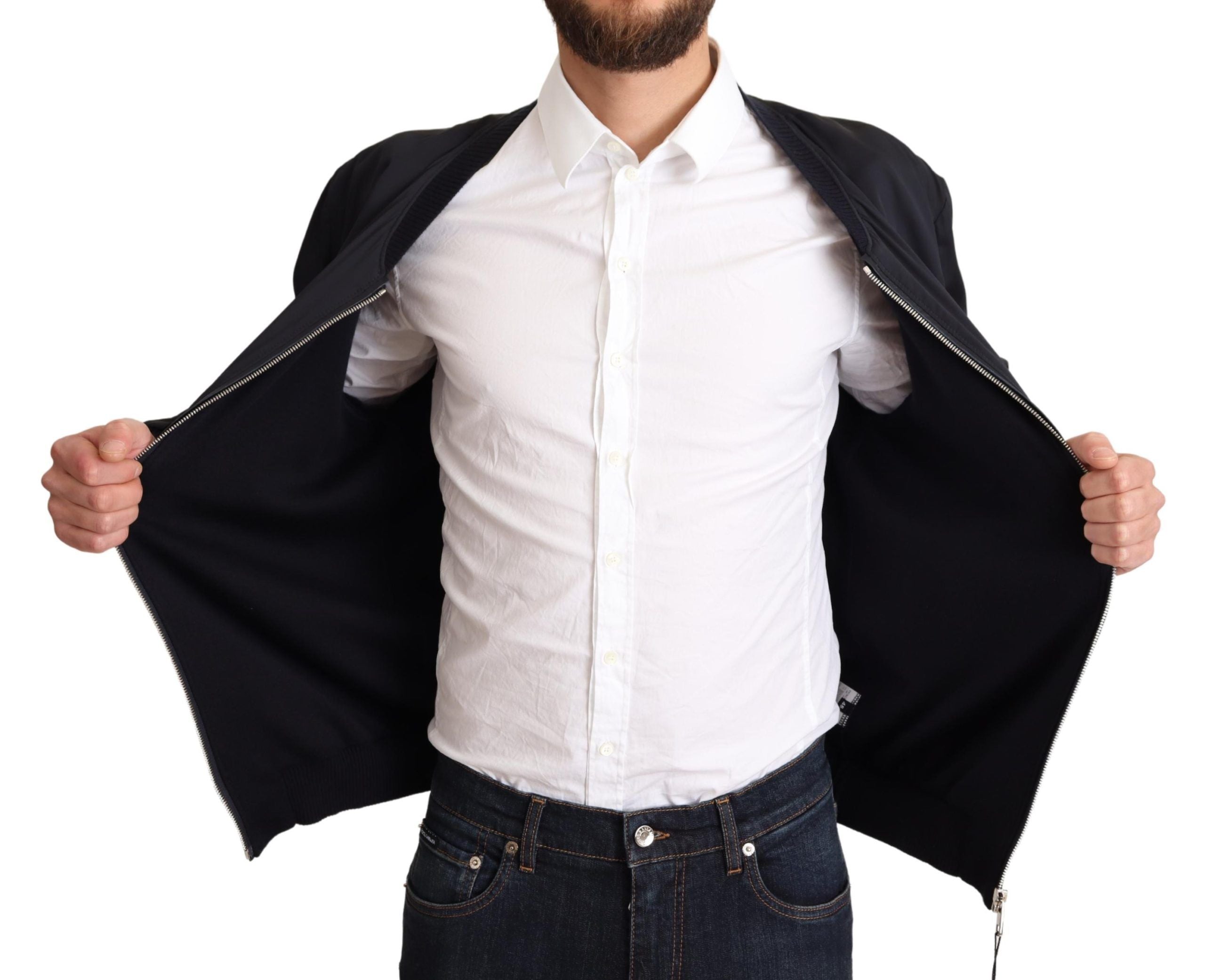 Dolce & Gabbana Blue Silk Coat Short Bomber Men Men's Jacket
