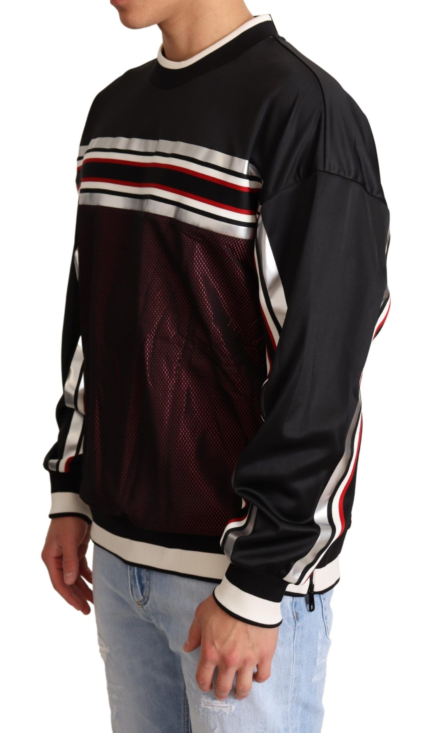 Dolce & Gabbana Black Red Mesh Sport Pullover Crewneck Men's Sweater