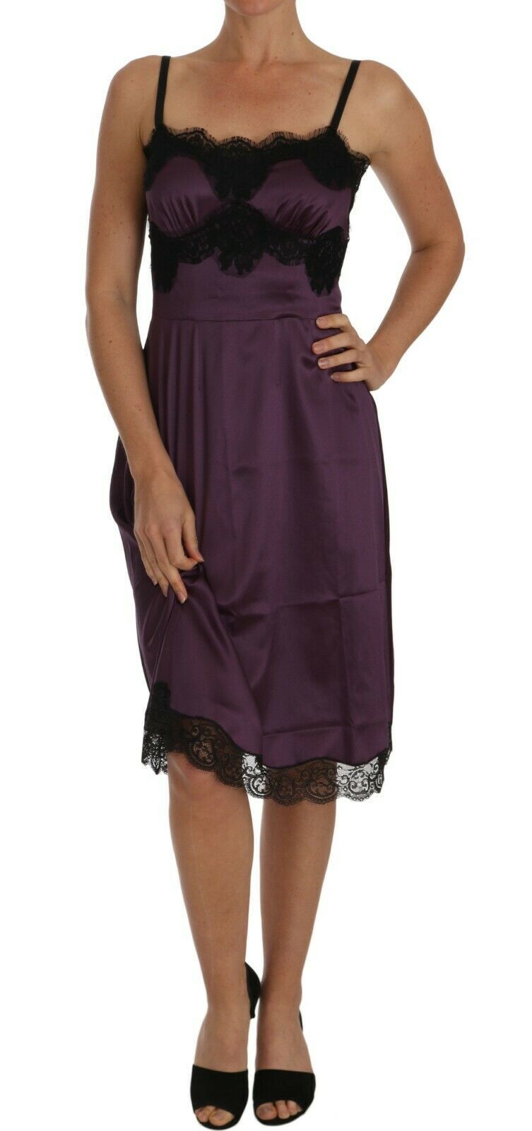 Dolce & Gabbana Purple Silk Stretch Black Lace A-Line Women's Dress