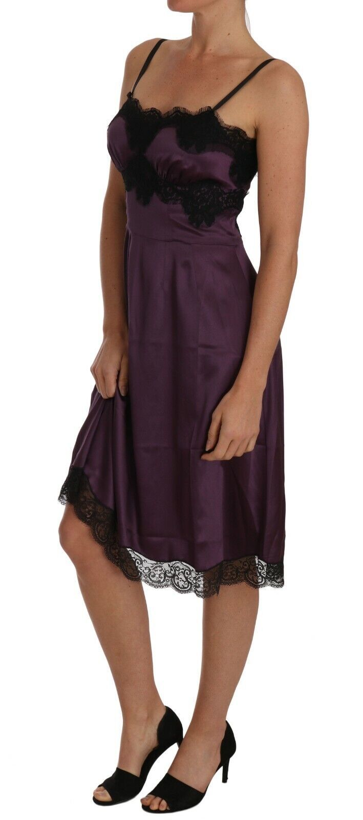 Dolce & Gabbana Purple Silk Stretch Black Lace A-Line Women's Dress