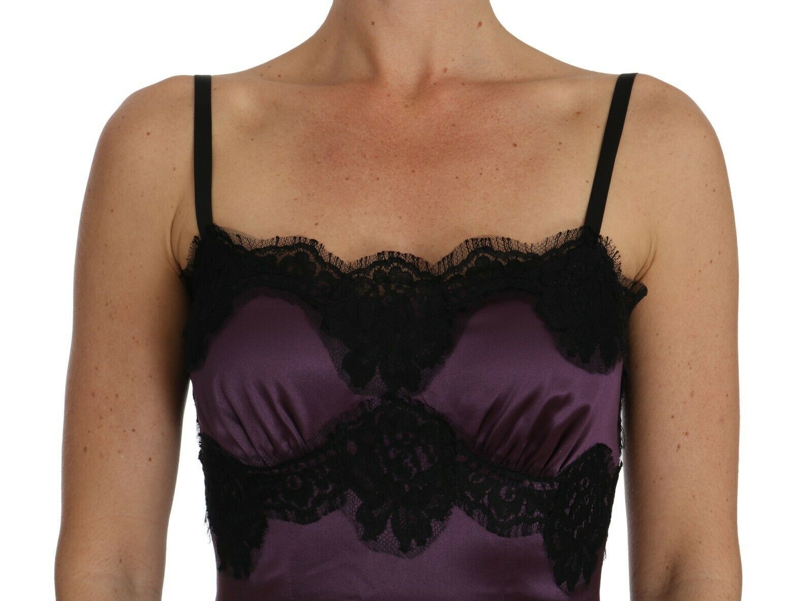 Dolce & Gabbana Purple Silk Stretch Black Lace A-Line Women's Dress
