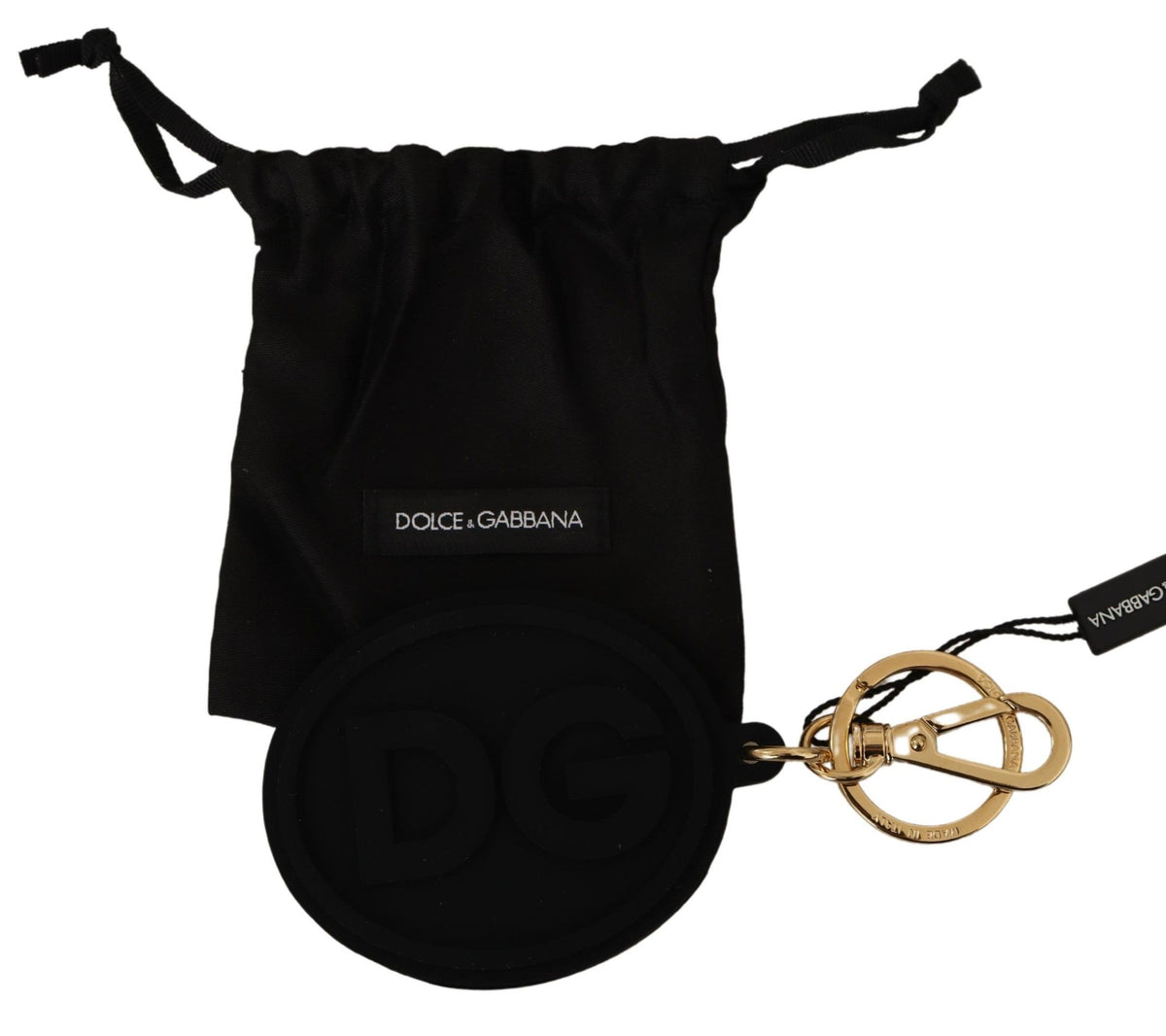 Dolce & Gabbana Black Rubber DG Logo Gold Brass Metal Keyring Men's Keychain