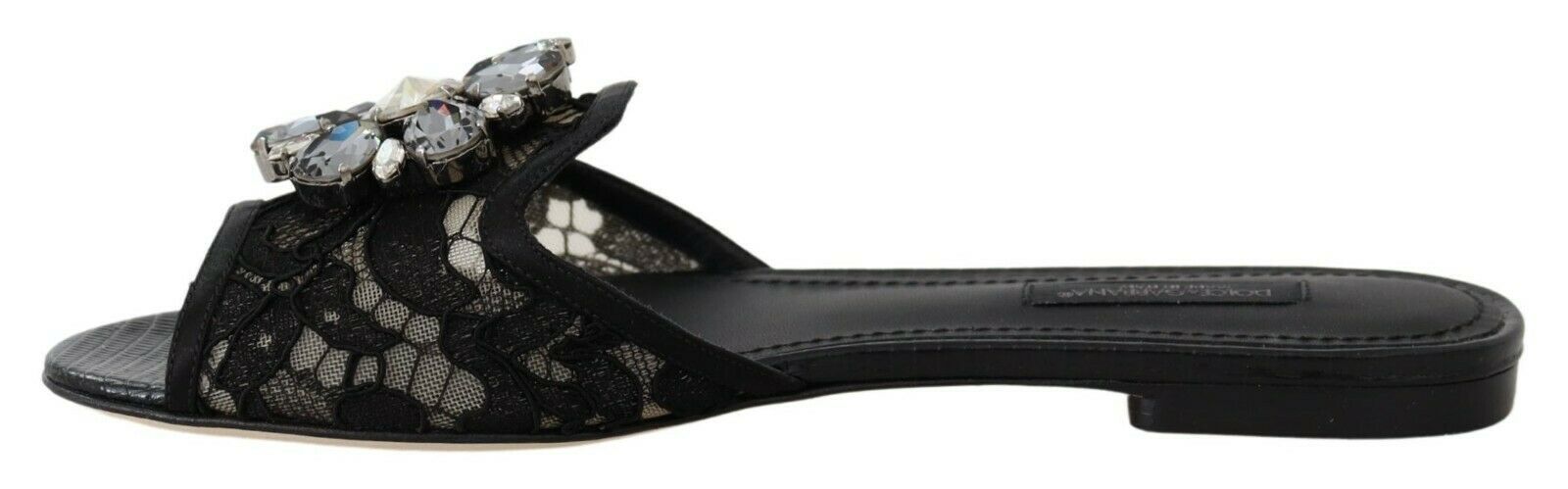 Dolce & Gabbana Black Taormina Lace Slides Crystals Flats Women's Shoes