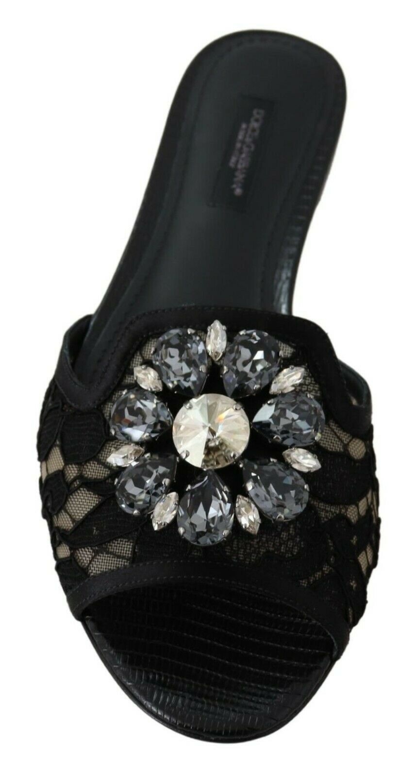 Dolce & Gabbana Black Taormina Lace Slides Crystals Flats Women's Shoes