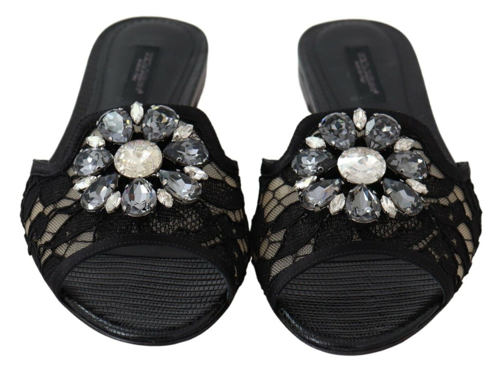Dolce & Gabbana Black Taormina Lace Slides Crystals Flats Women's Shoes