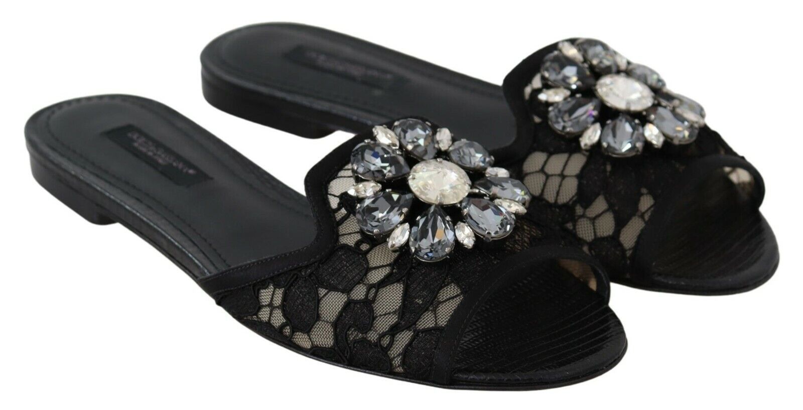 Dolce & Gabbana Black Taormina Lace Slides Crystals Flats Women's Shoes