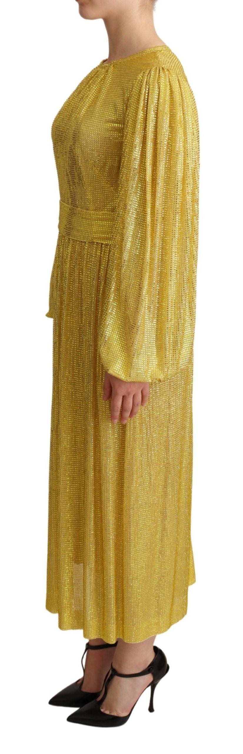 Dolce & Gabbana Yellow Crystal Mesh Pleated Maxi Women's Dress