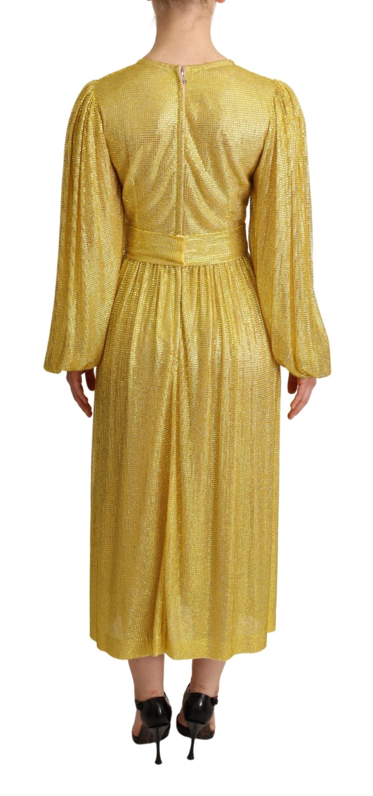 Dolce & Gabbana Yellow Crystal Mesh Pleated Maxi Women's Dress