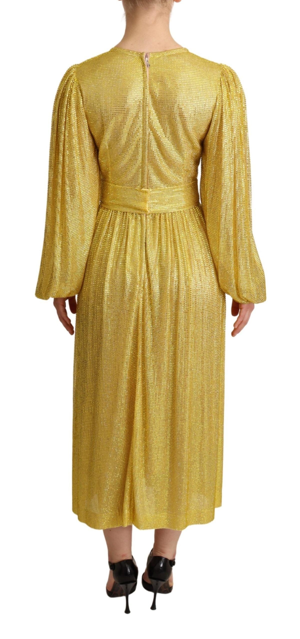 Dolce & Gabbana Yellow Crystal Mesh Pleated Maxi Women's Dress