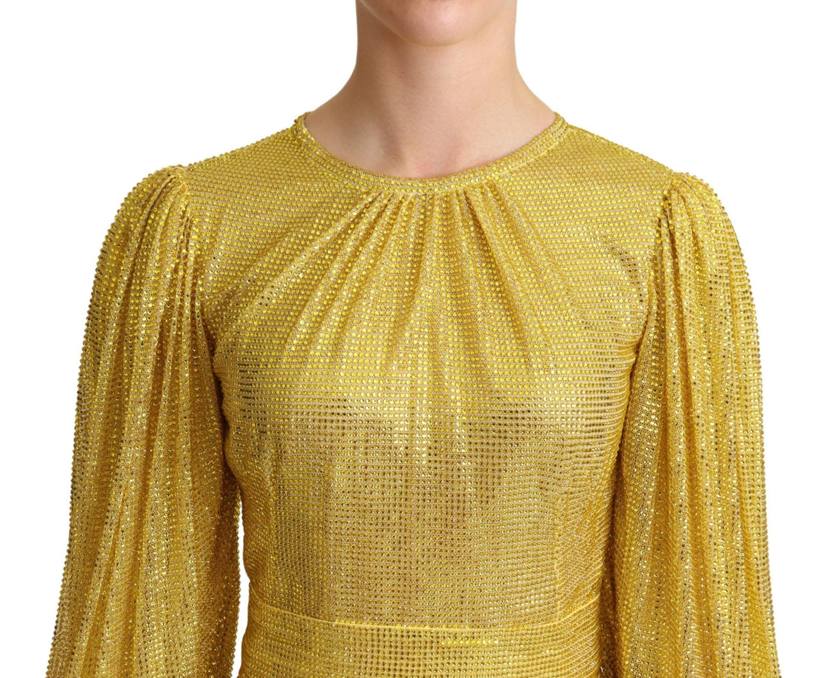 Dolce & Gabbana Yellow Crystal Mesh Pleated Maxi Women's Dress