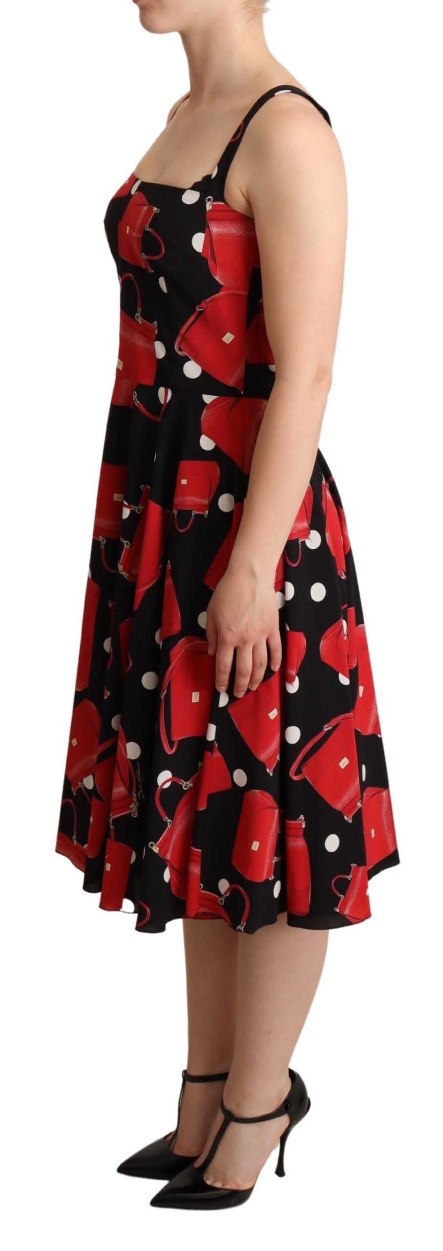 Dolce & Gabbana Black Red Bag Print A-line Mid Length Women's Dress