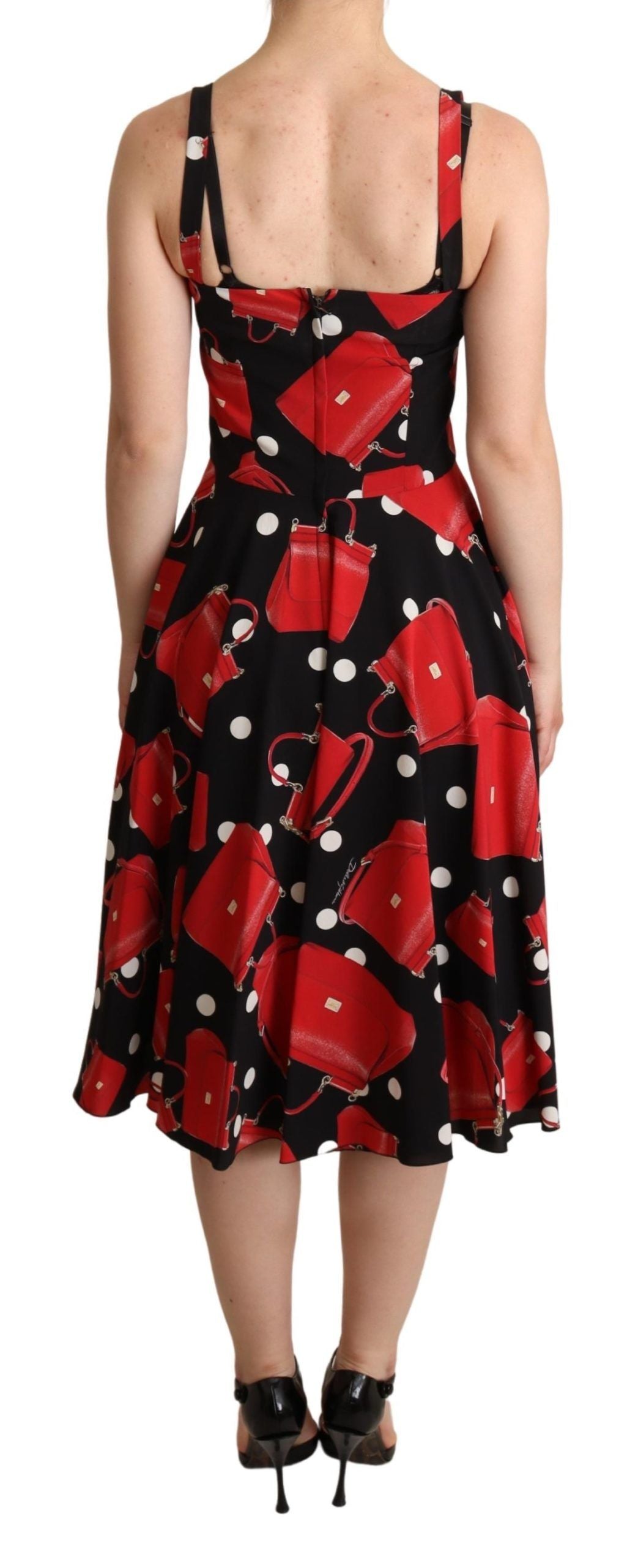 Dolce & Gabbana Black Red Bag Print A-line Mid Length Women's Dress