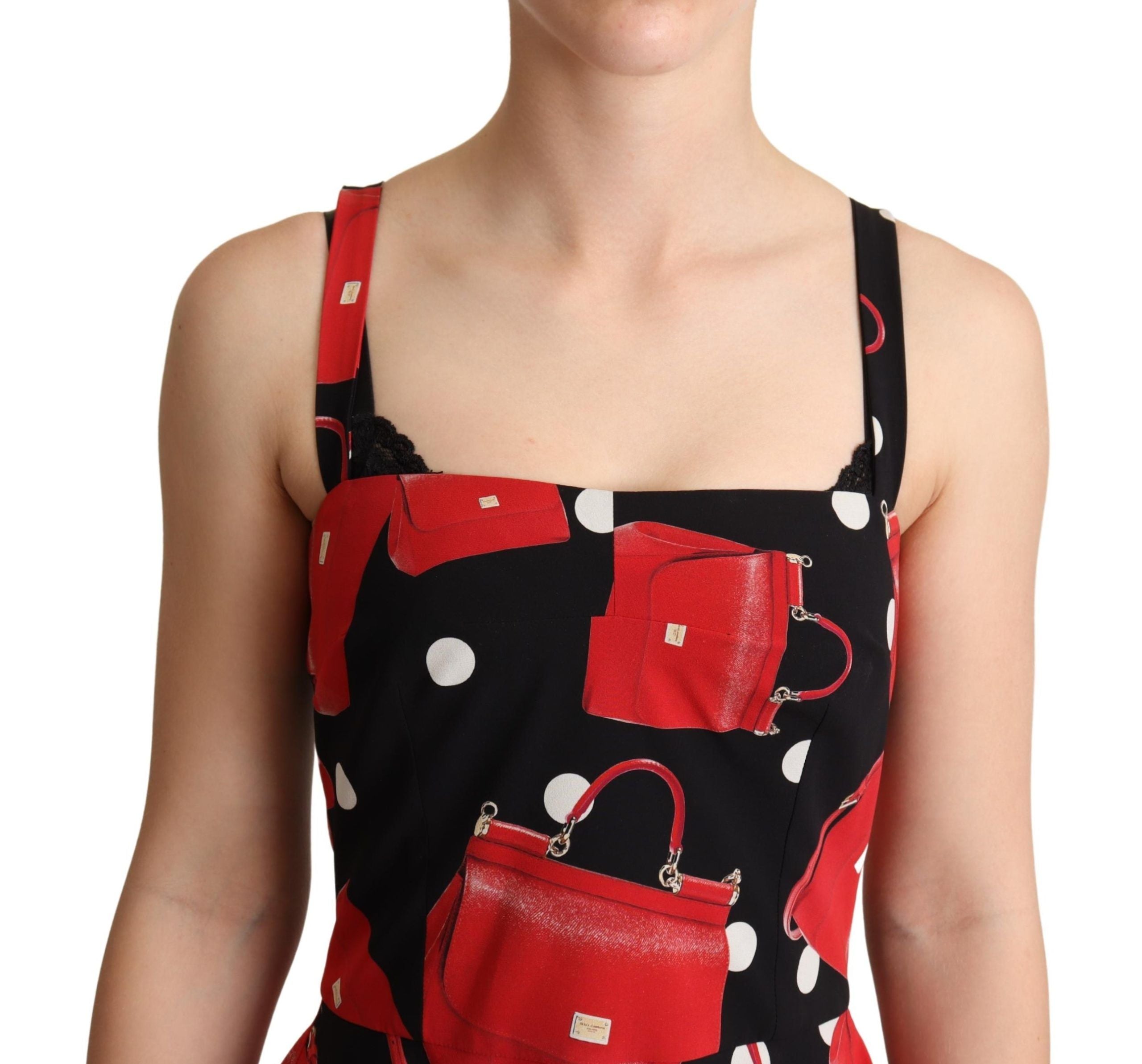 Dolce & Gabbana Black Red Bag Print A-line Mid Length Women's Dress