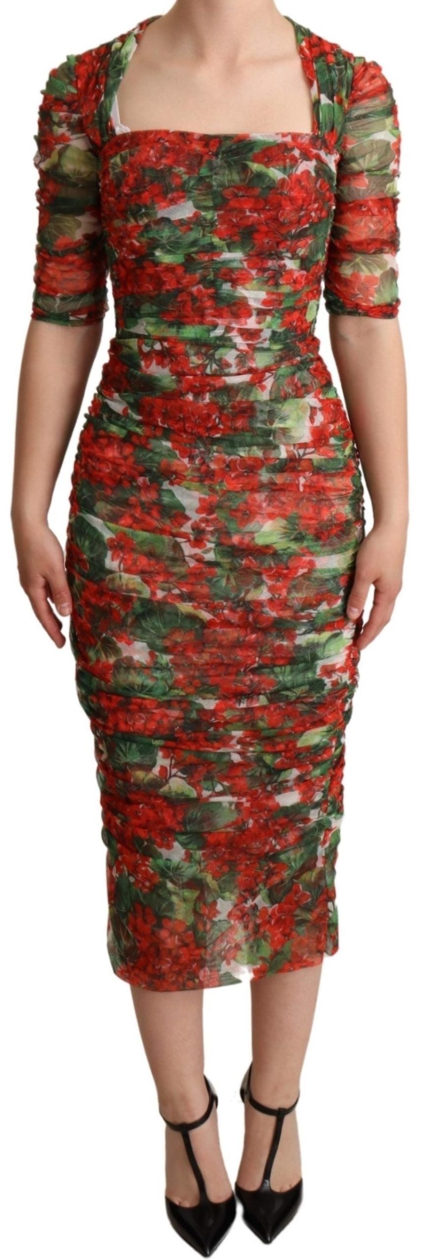 Dolce & Gabbana Red Floral Print Tulle Sheath Midi Women's Dress