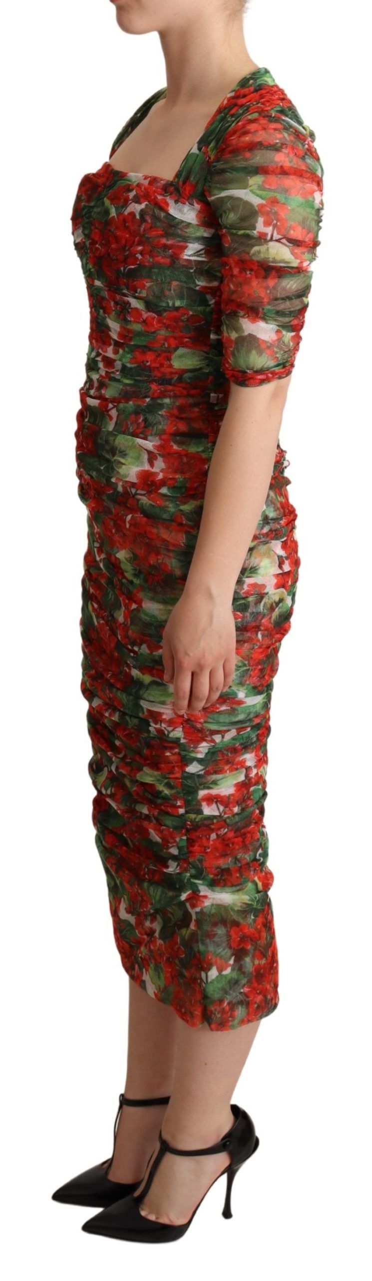 Dolce & Gabbana Red Floral Print Tulle Sheath Midi Women's Dress