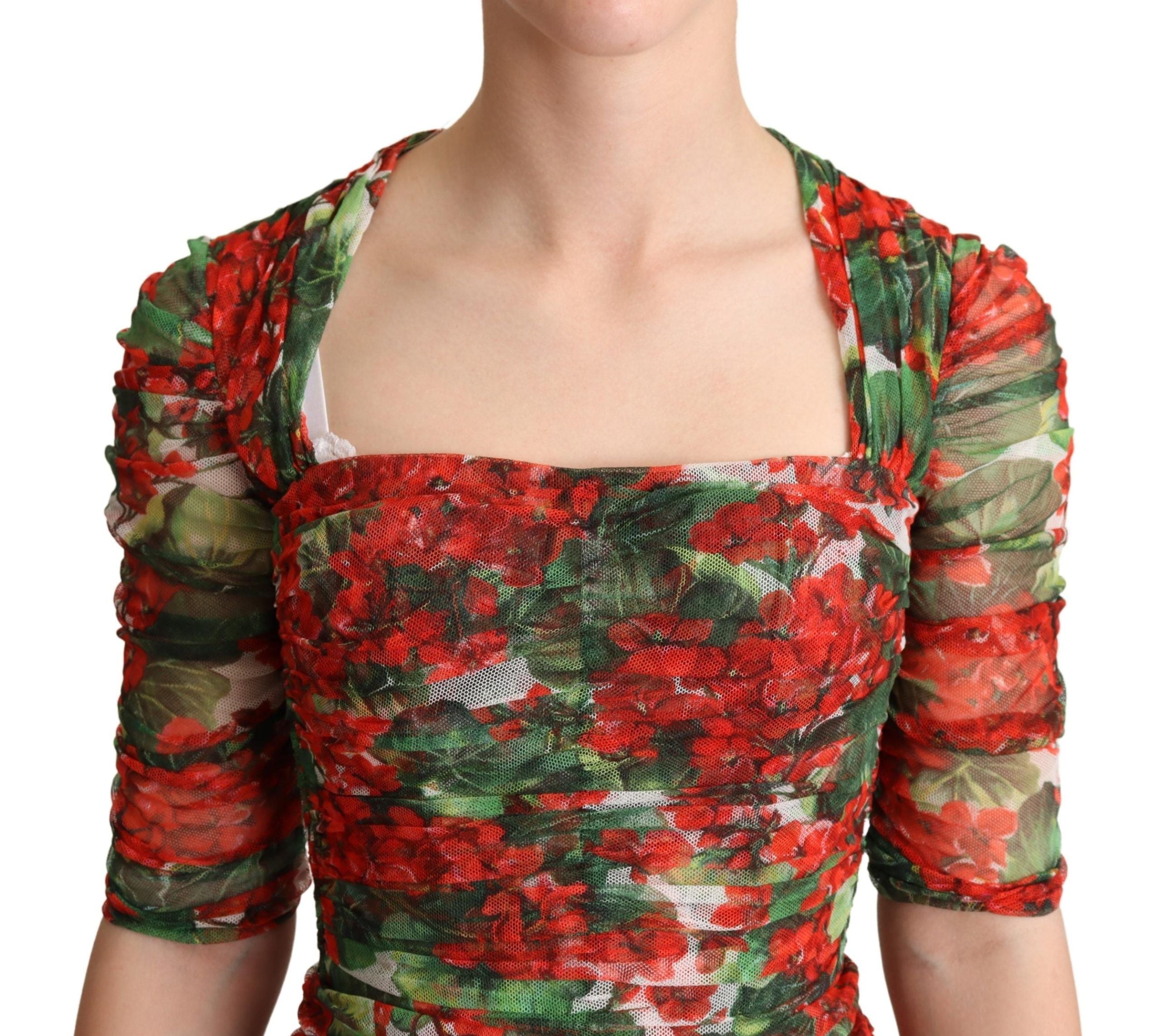Dolce & Gabbana Red Floral Print Tulle Sheath Midi Women's Dress