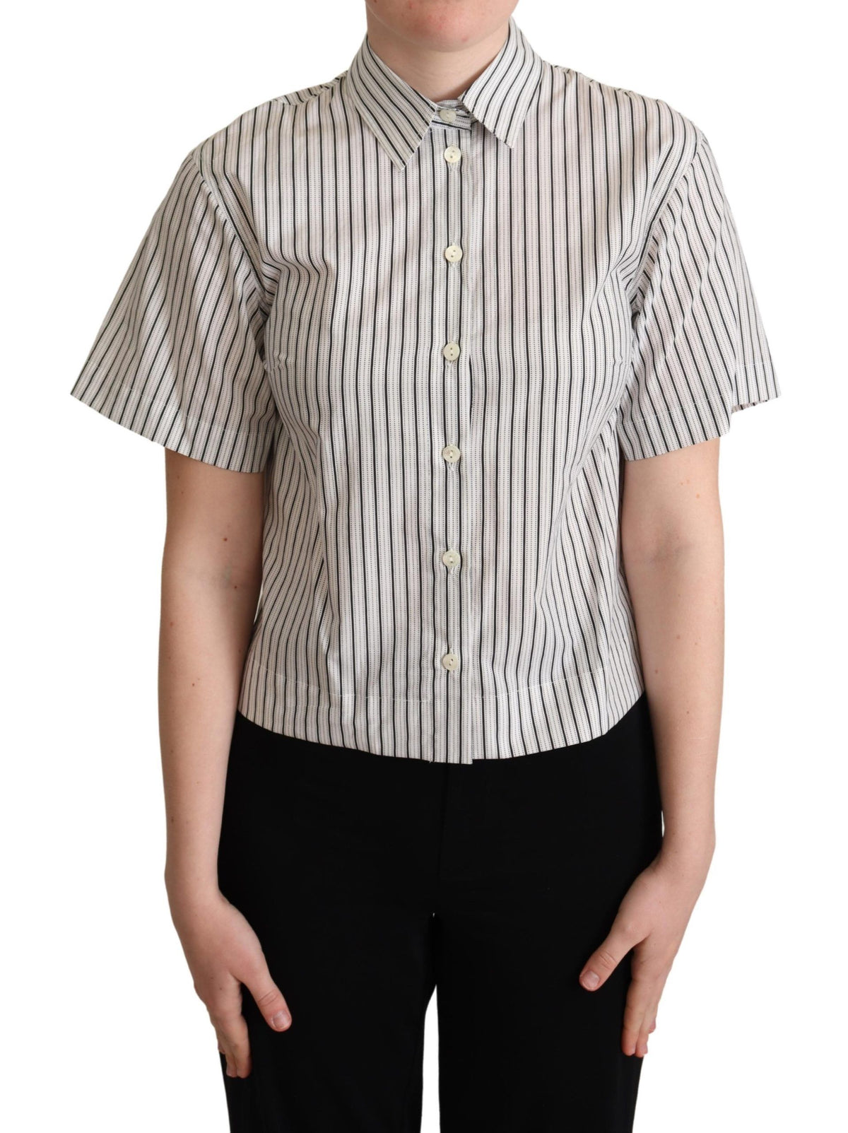 Dolce & Gabbana White Black Striped Collared Women's Shirt