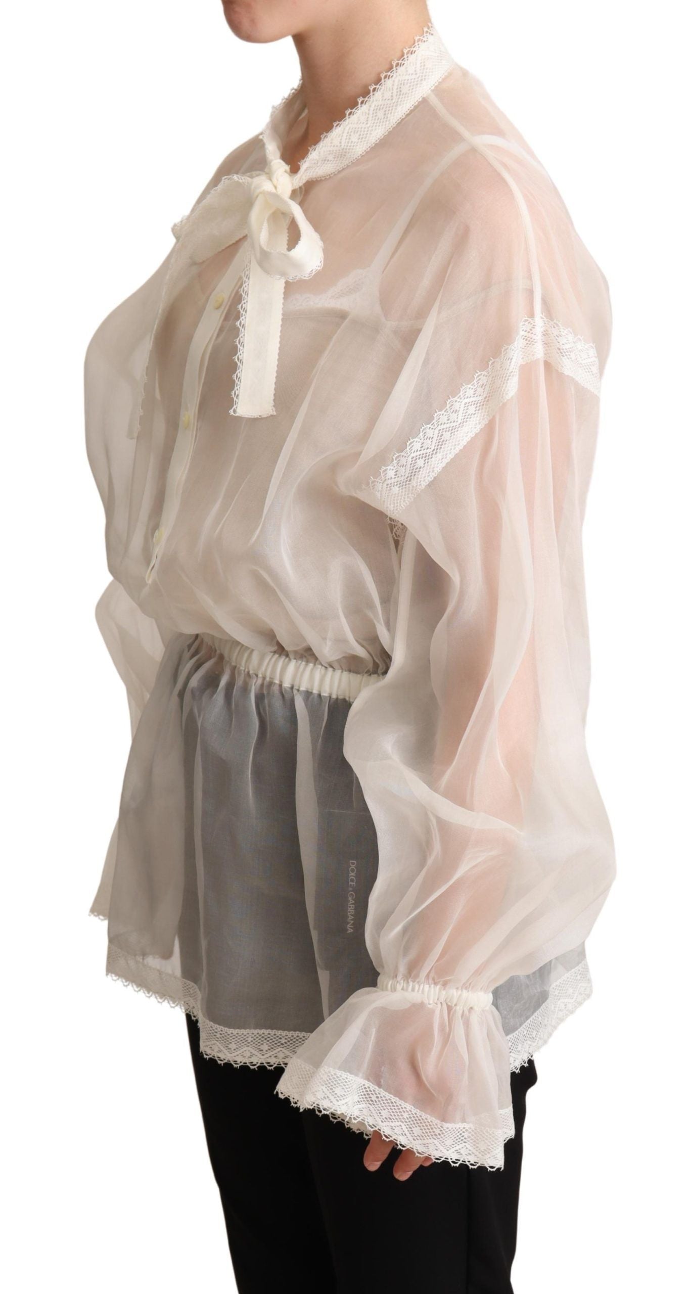 Dolce & Gabbana White Ascot Collar Long Sleeves Blouse Women's Top
