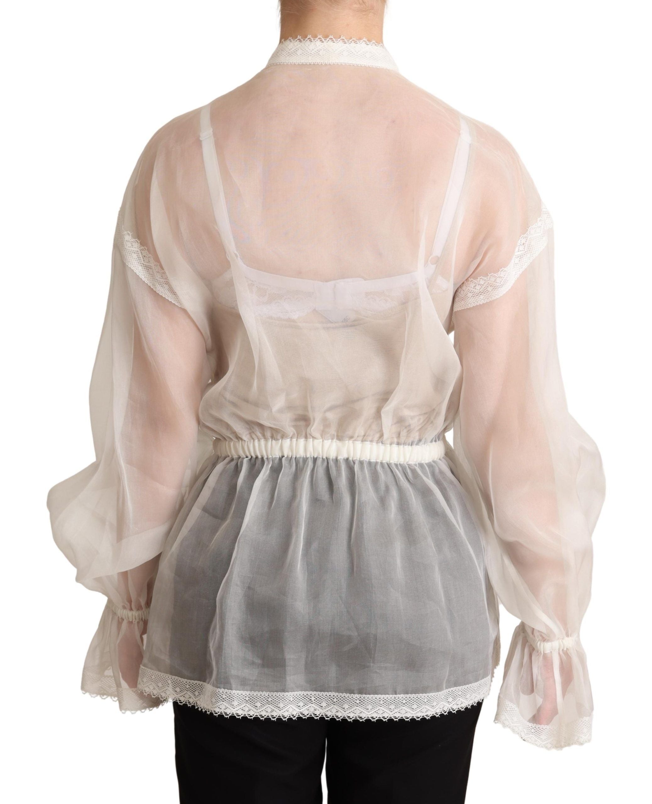 Dolce & Gabbana White Ascot Collar Long Sleeves Blouse Women's Top