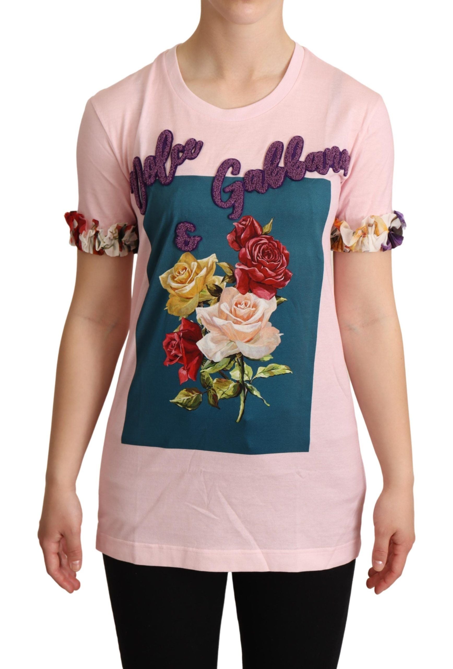 Dolce & Gabbana Pink Cotton Floral Roses Crewneck Women's T-shirt