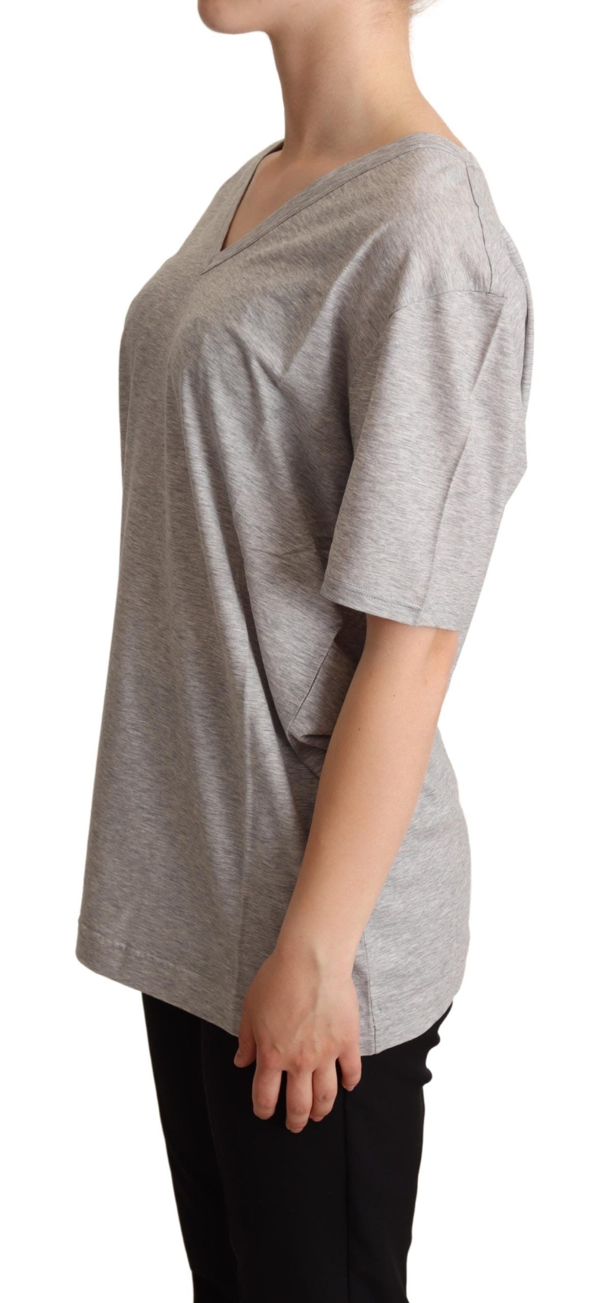 Dolce & Gabbana Gray Solid 100% Cotton V-neck Top Women's T-shirt