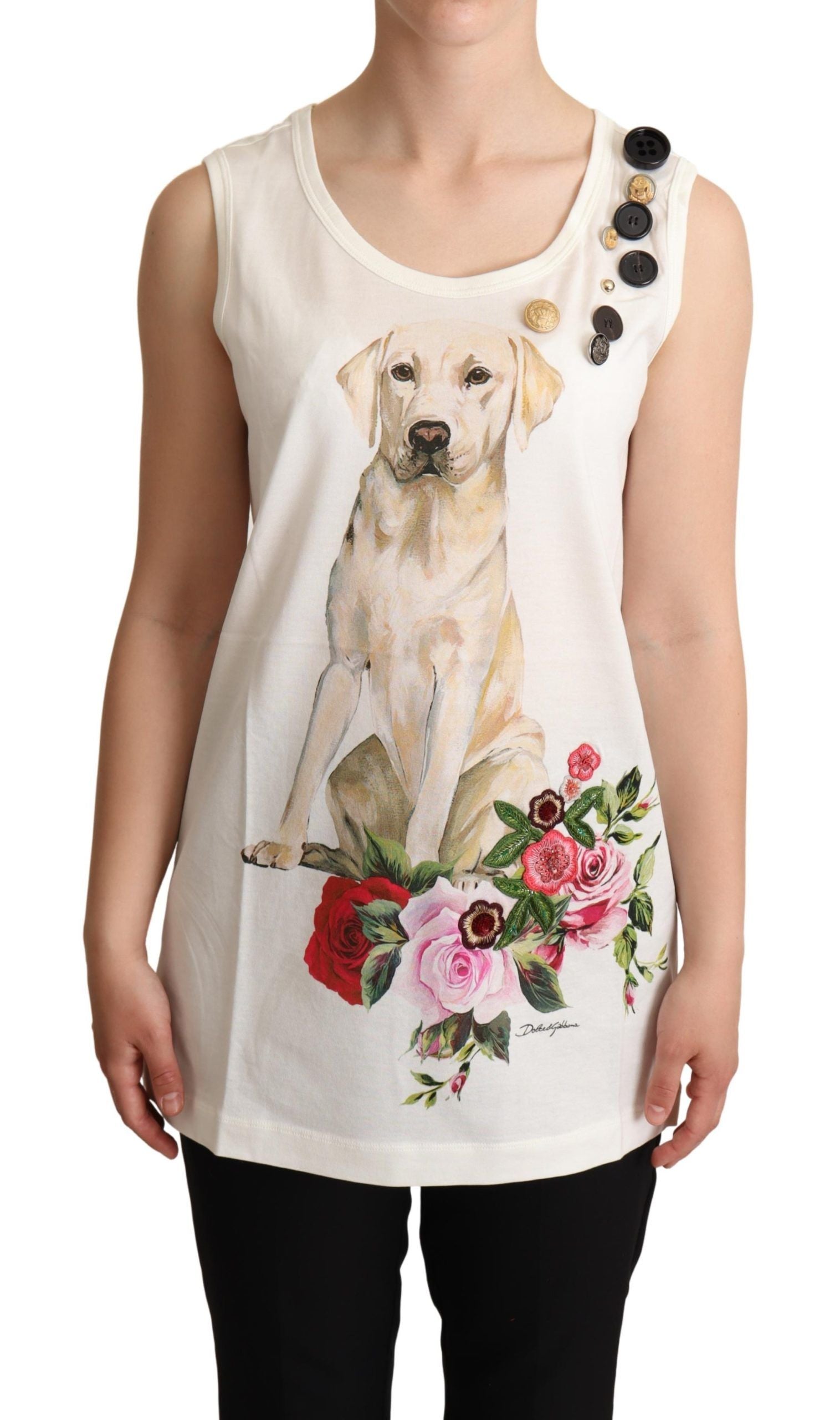 Dolce & Gabbana White Dog Floral Print Embellished Women's T-shirt