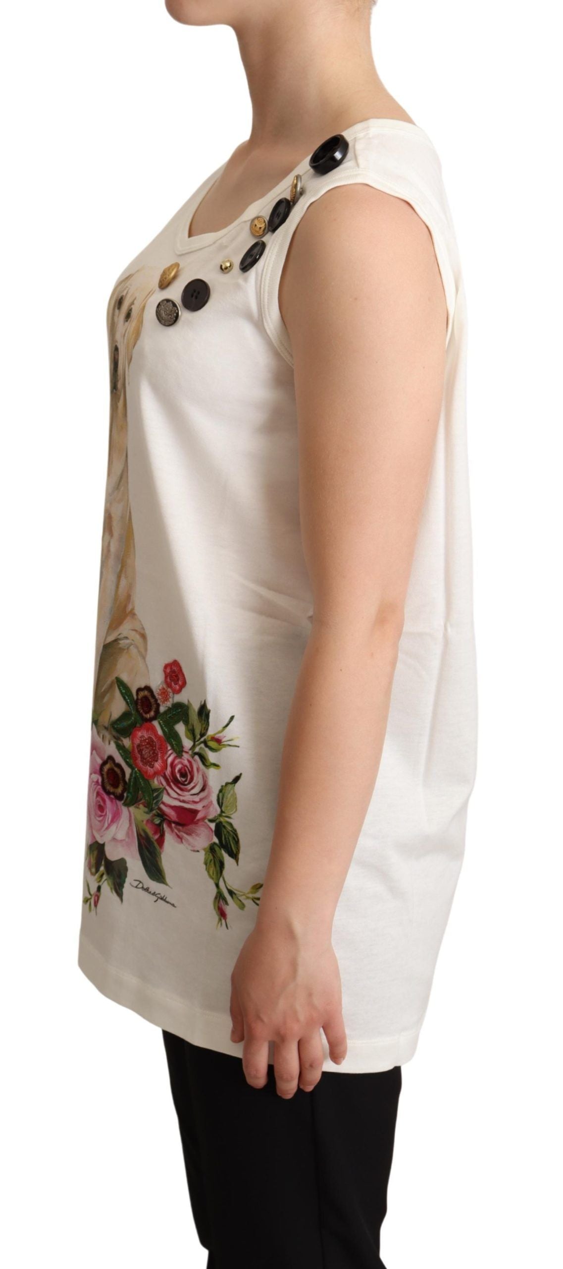 Dolce & Gabbana White Dog Floral Print Embellished Women's T-shirt