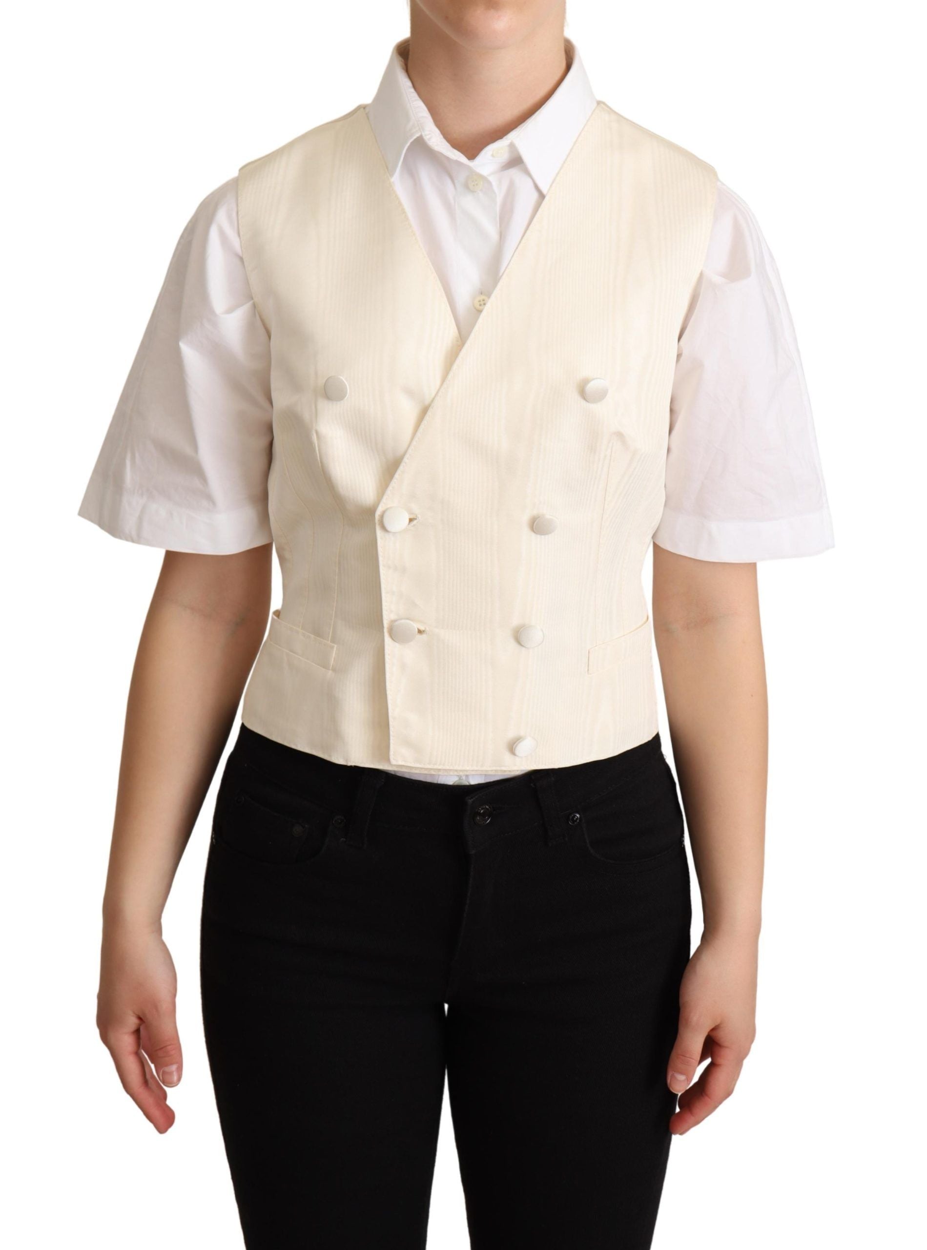 Dolce & Gabbana Beige Silk Blend Sleeveless Vest Luxury Women's Waistcoat