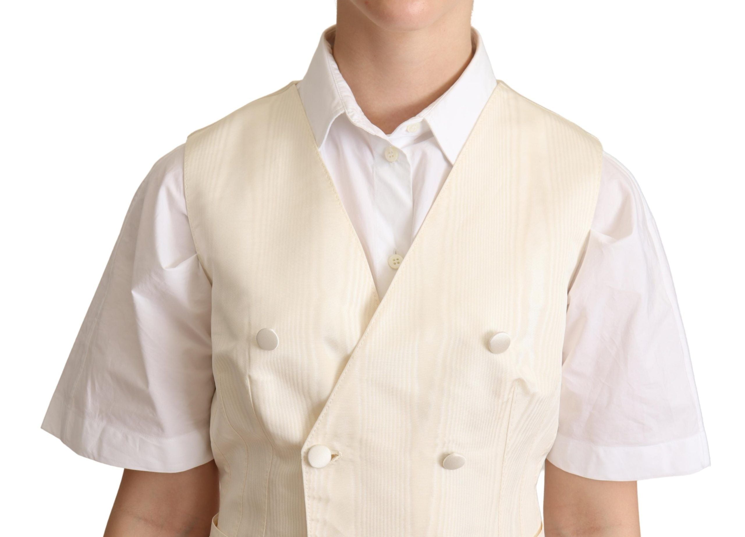 Dolce & Gabbana Beige Silk Blend Sleeveless Vest Luxury Women's Waistcoat