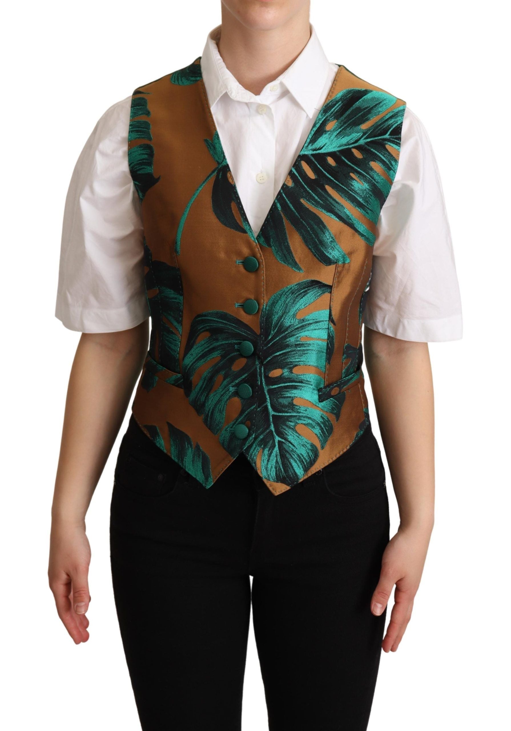 Dolce & Gabbana Green Jacquard Leaf Gold Waistcoat Women's Vest
