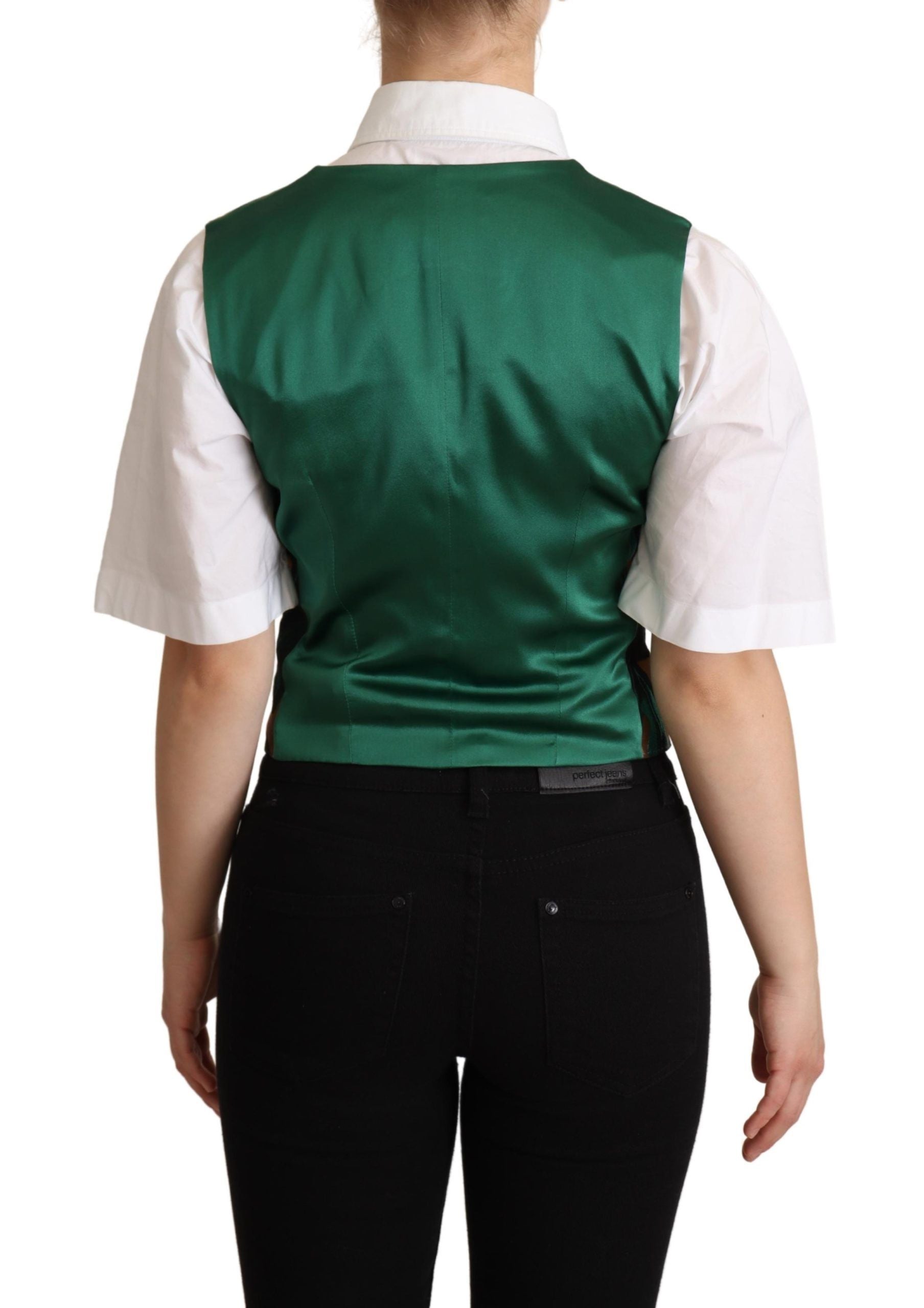 Dolce & Gabbana Green Jacquard Leaf Gold Waistcoat Women's Vest