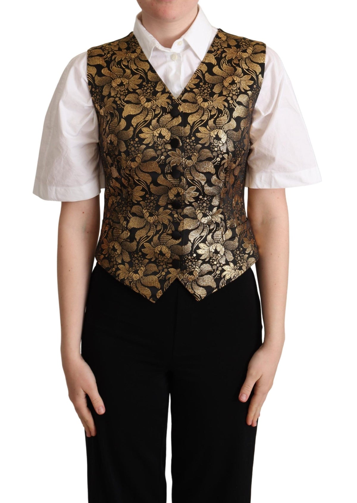 Dolce & Gabbana Black Gold Jacquard Silk Waistcoat Women's Vest