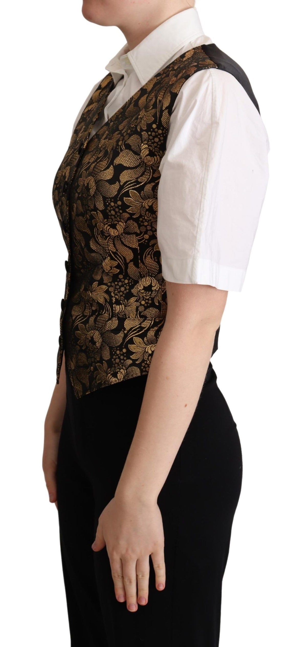 Dolce & Gabbana Black Gold Jacquard Silk Waistcoat Women's Vest