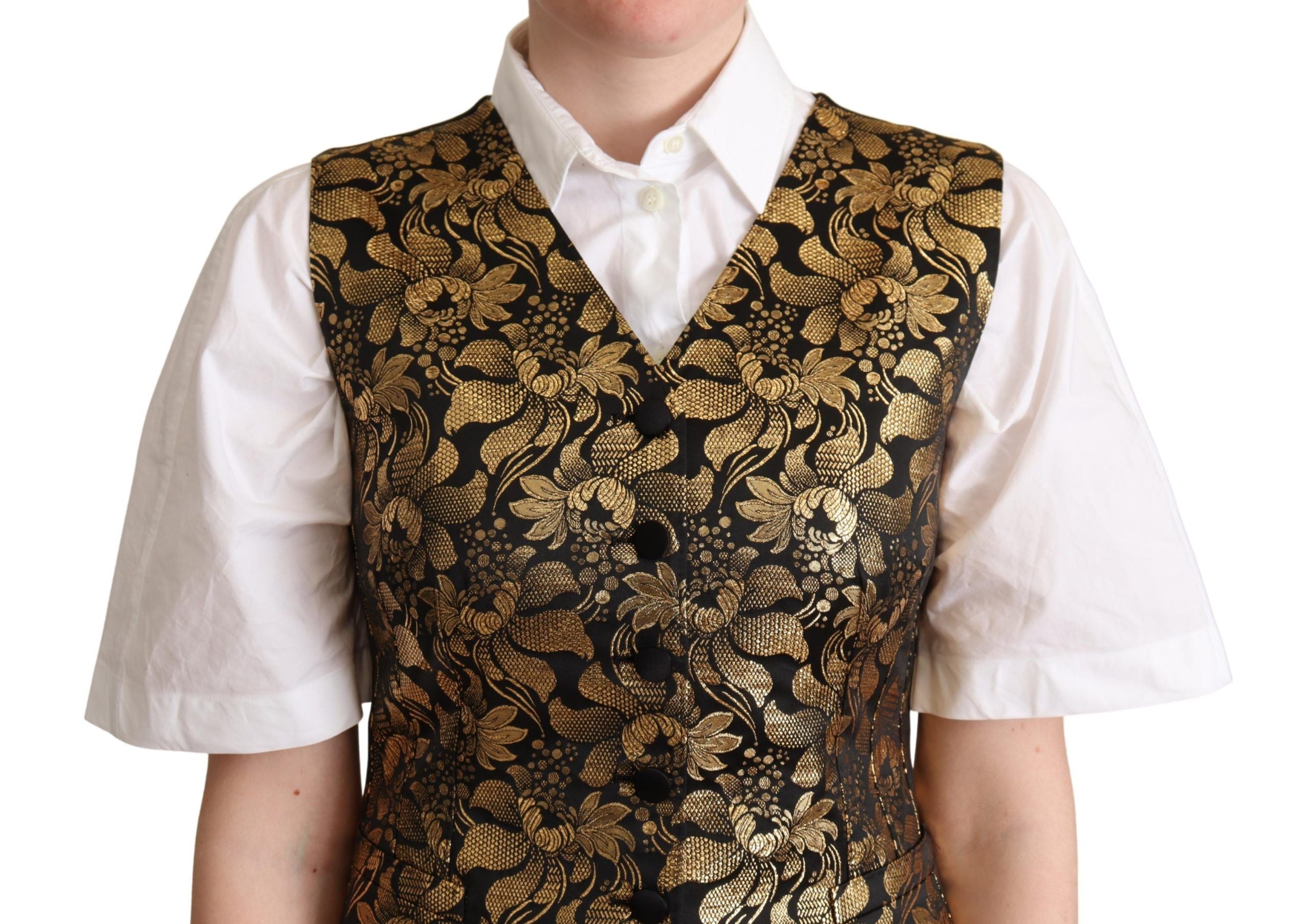 Dolce & Gabbana Black Gold Jacquard Silk Waistcoat Women's Vest