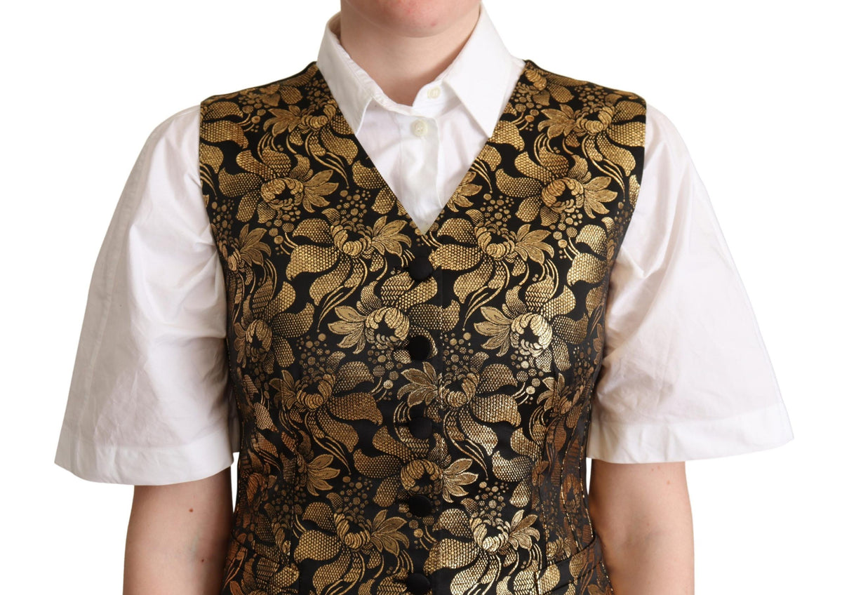 Dolce & Gabbana Black Gold Jacquard Silk Waistcoat Women's Vest