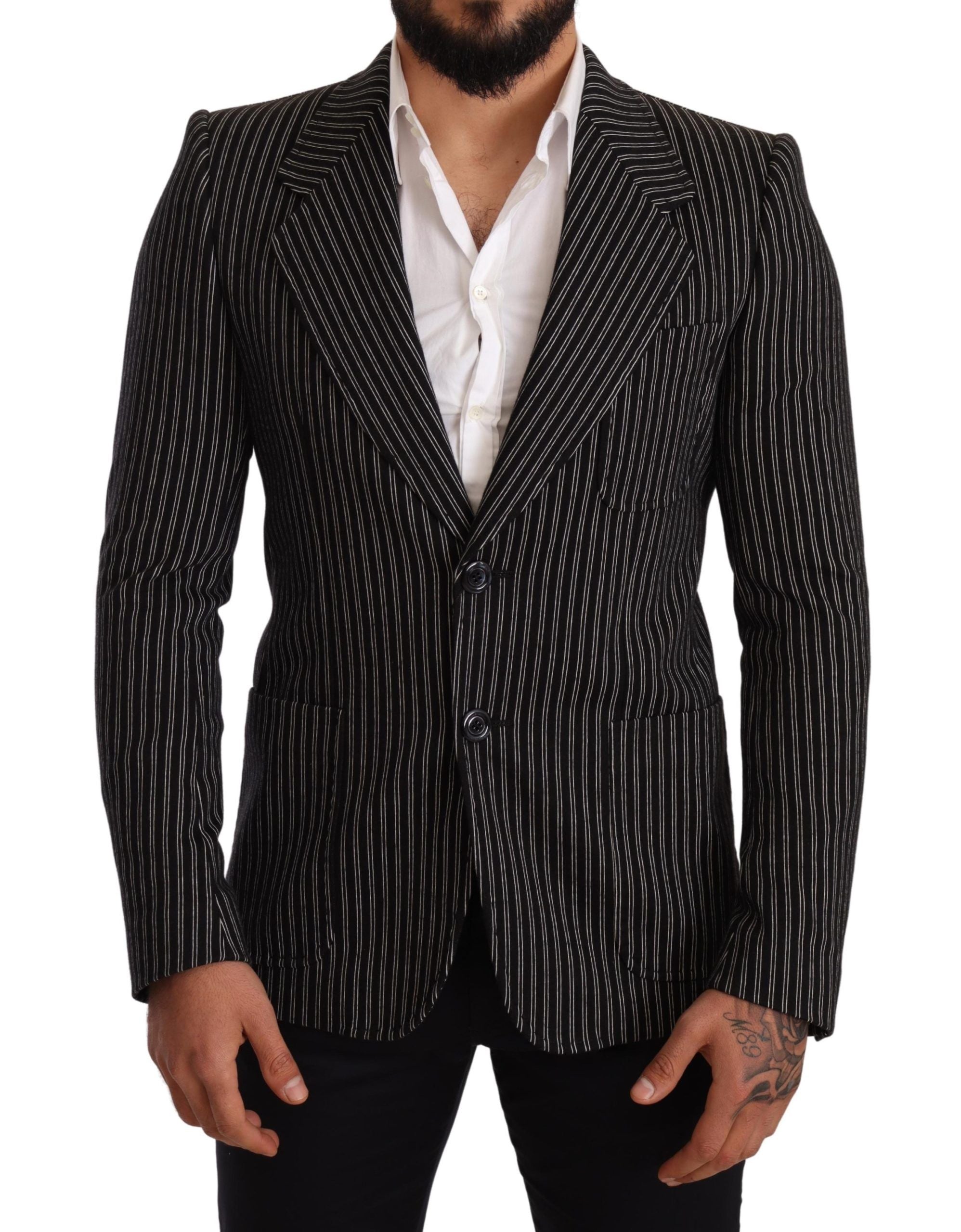 Dolce & Gabbana Black Striped Slim Fit Wool Coat Men's Blazer