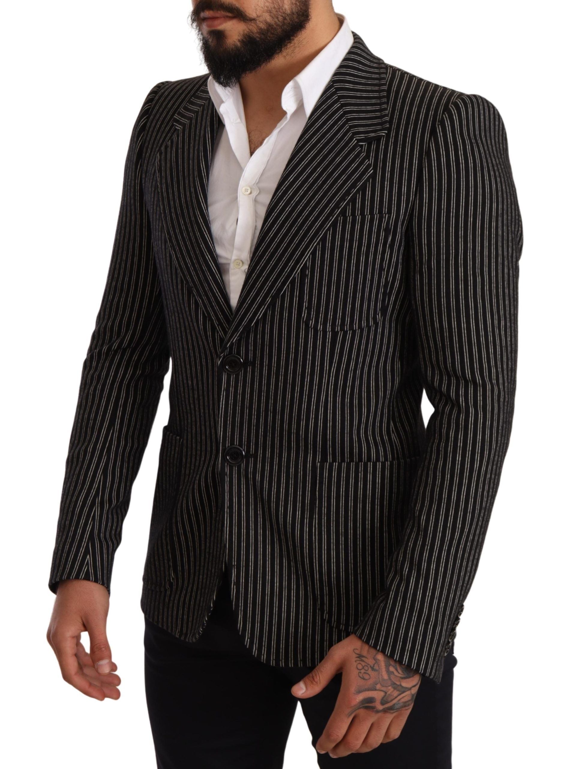 Dolce & Gabbana Black Striped Slim Fit Wool Coat Men's Blazer
