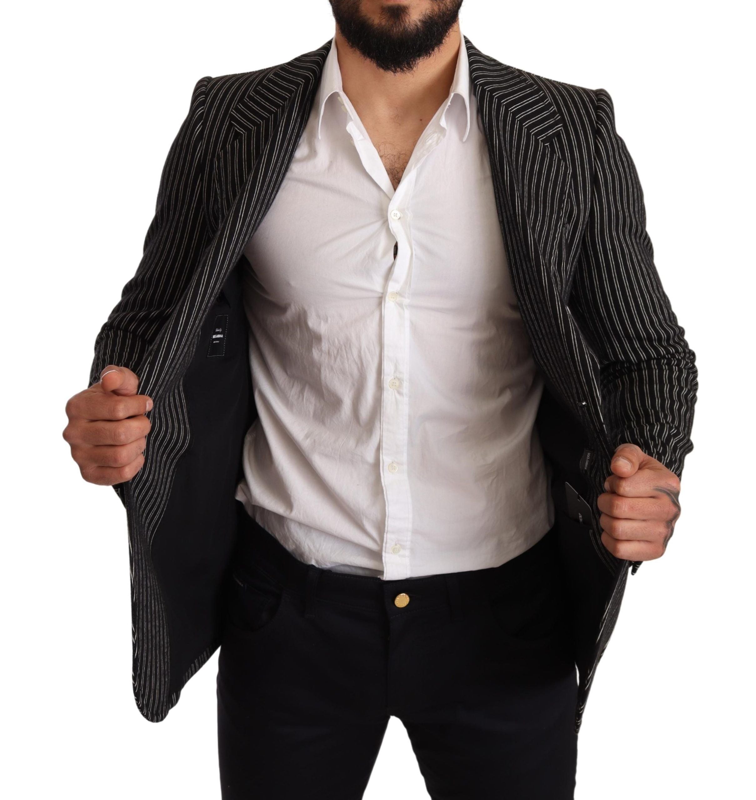 Dolce & Gabbana Black Striped Slim Fit Wool Coat Men's Blazer