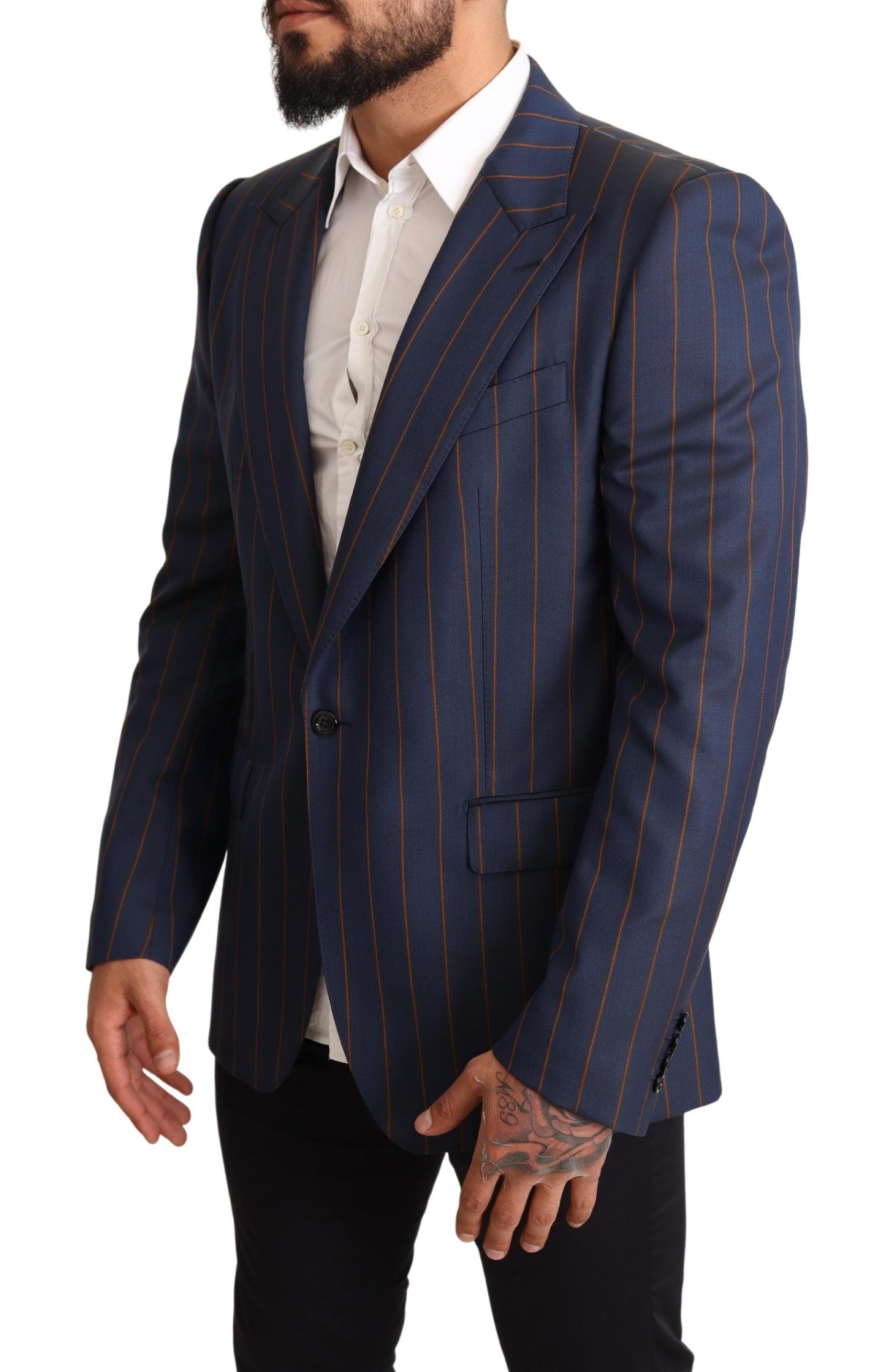 Dolce & Gabbana Blue Striped Wool Slim Fit Blazer Men's Jacket