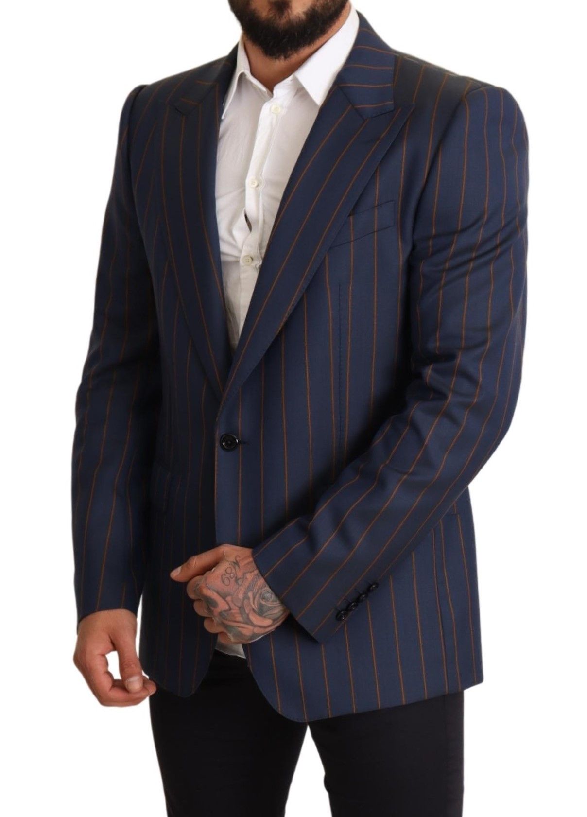 Dolce & Gabbana Blue Striped Wool Slim Fit Blazer Men's Jacket