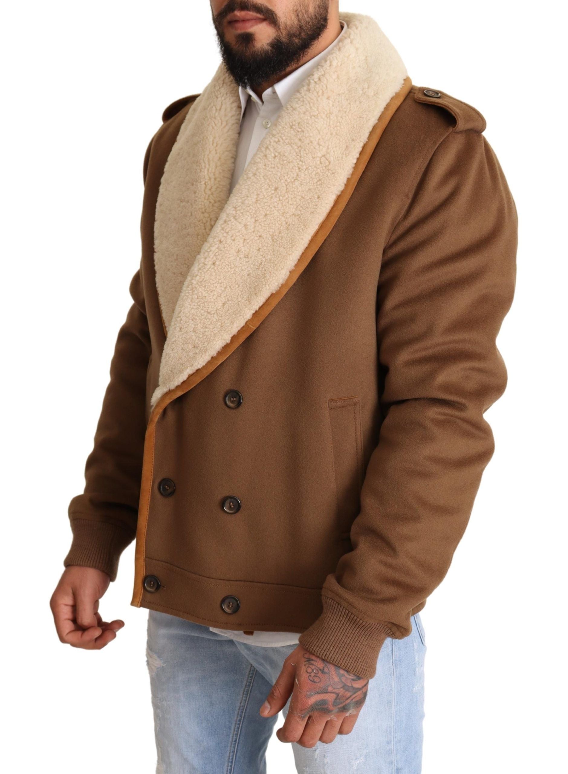 Dolce & Gabbana Brown Double Breasted Shearling Coat Men's Jacket
