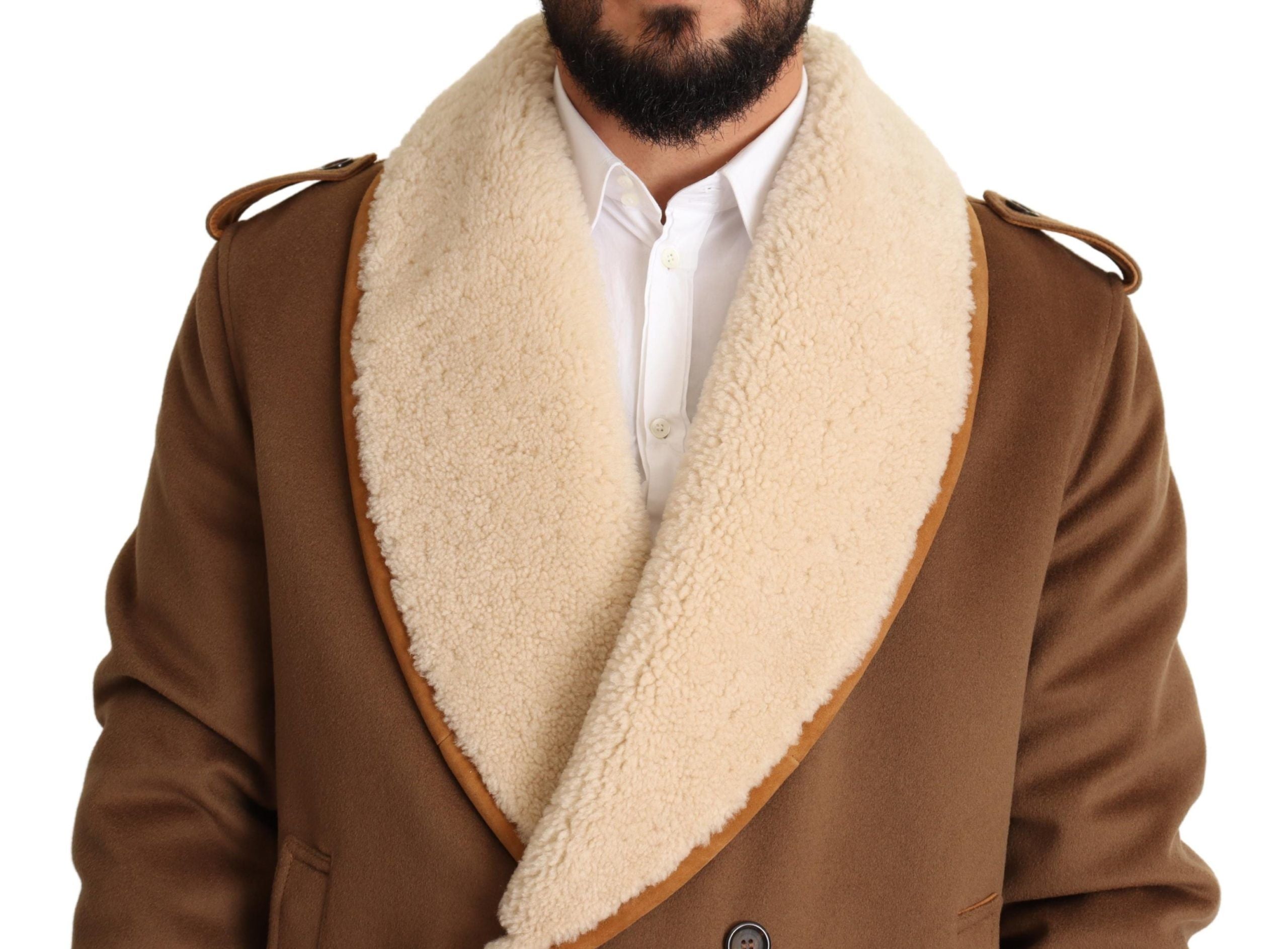 Dolce & Gabbana Brown Double Breasted Shearling Coat Men's Jacket