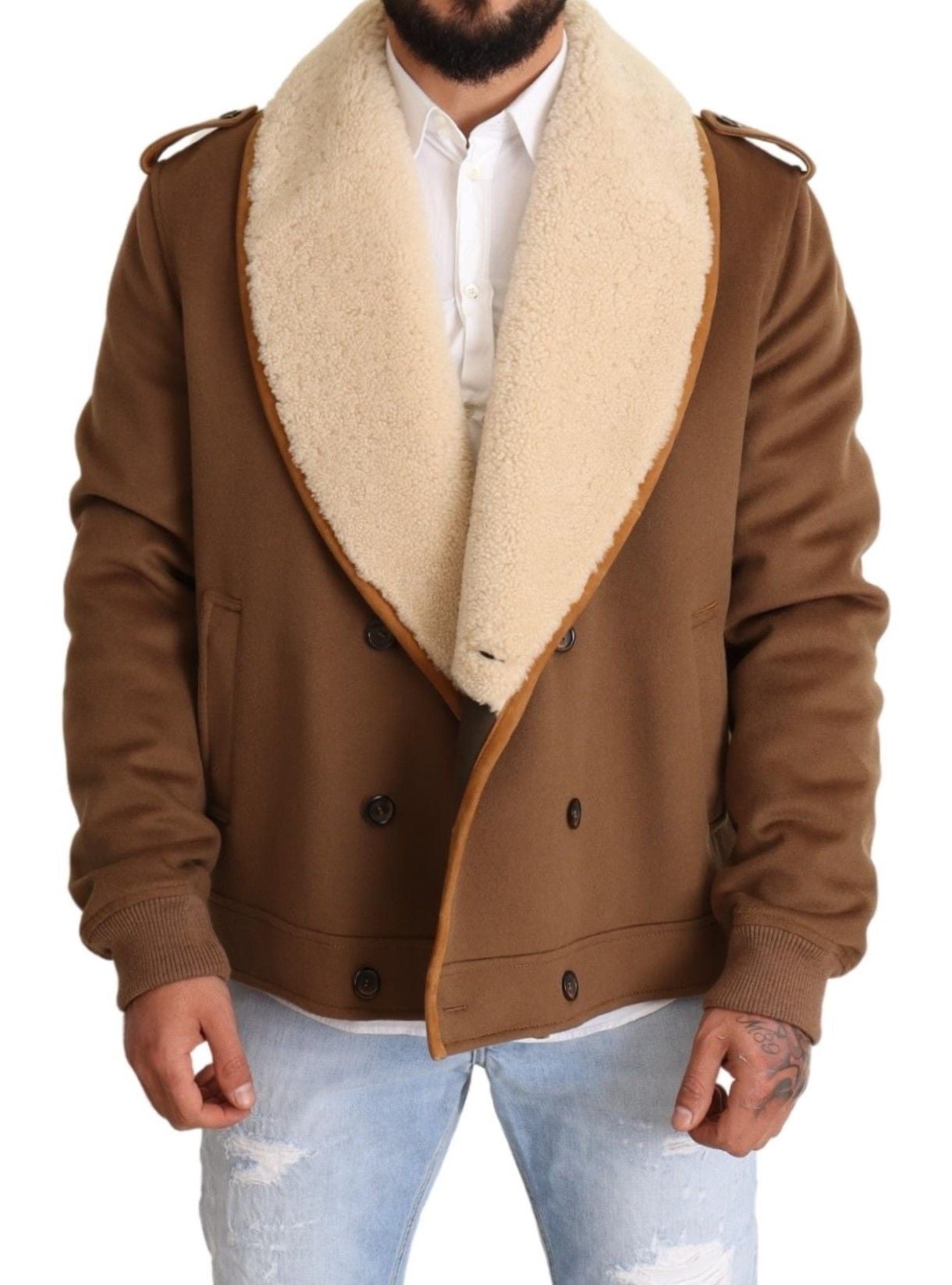 Dolce & Gabbana Brown Double Breasted Shearling Coat Men's Jacket