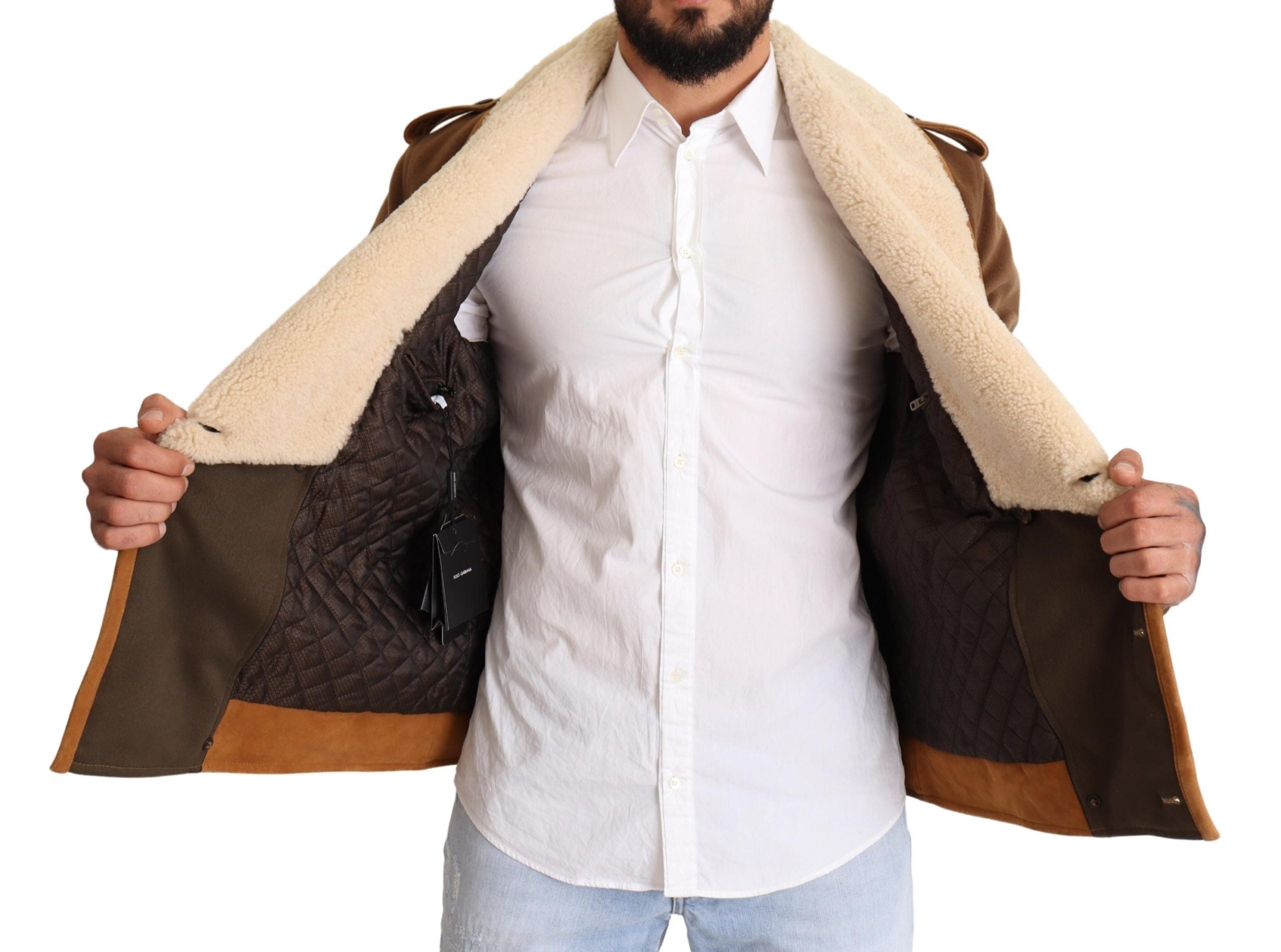 Dolce & Gabbana Brown Double Breasted Shearling Coat Men's Jacket