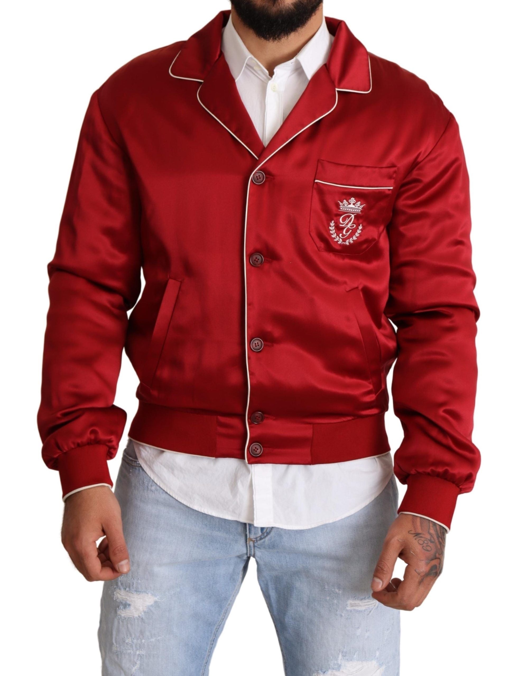 Dolce & Gabbana Red Silk Button DG Logo Bomber Men's Jacket