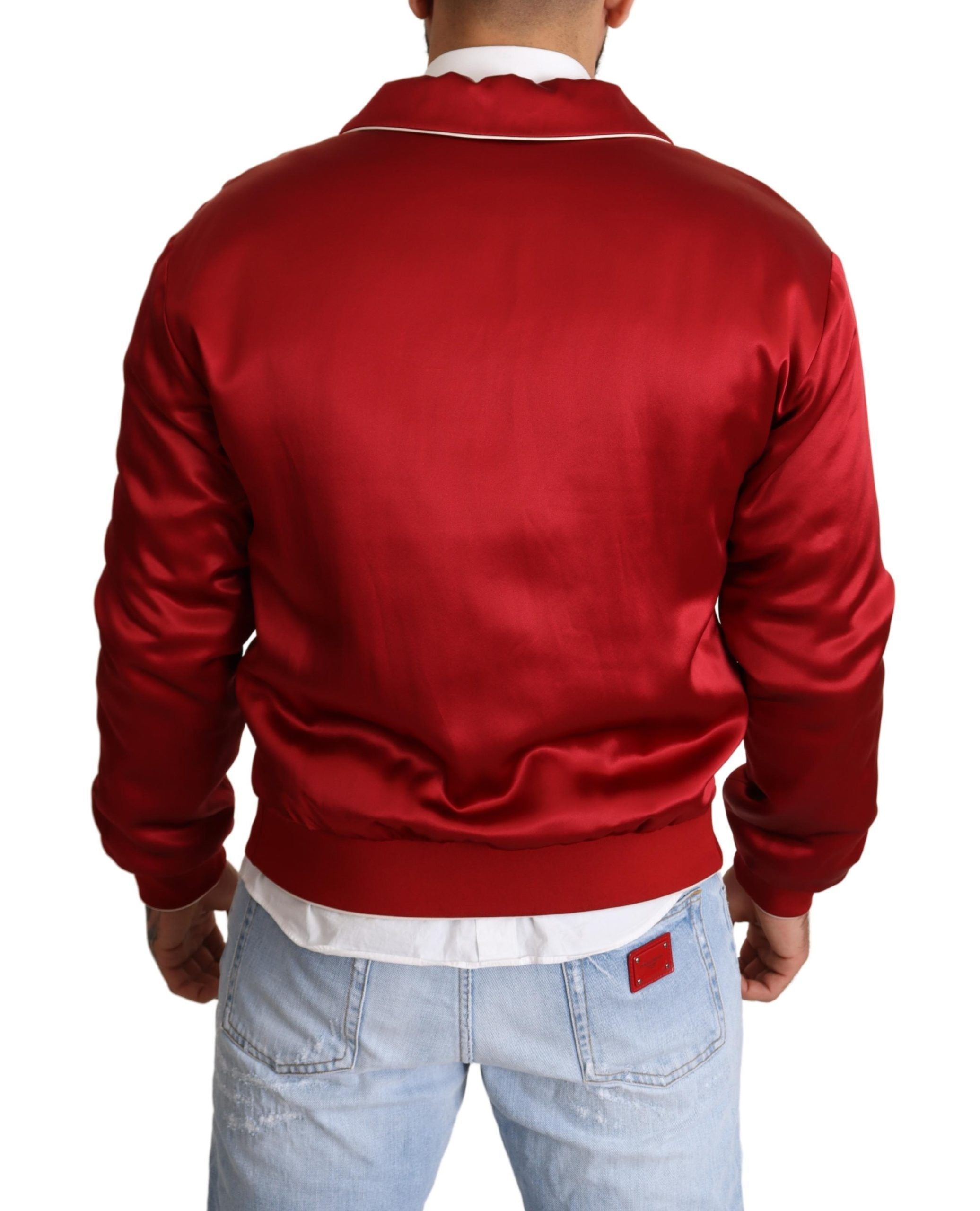 Dolce & Gabbana Red Silk Button DG Logo Bomber Men's Jacket